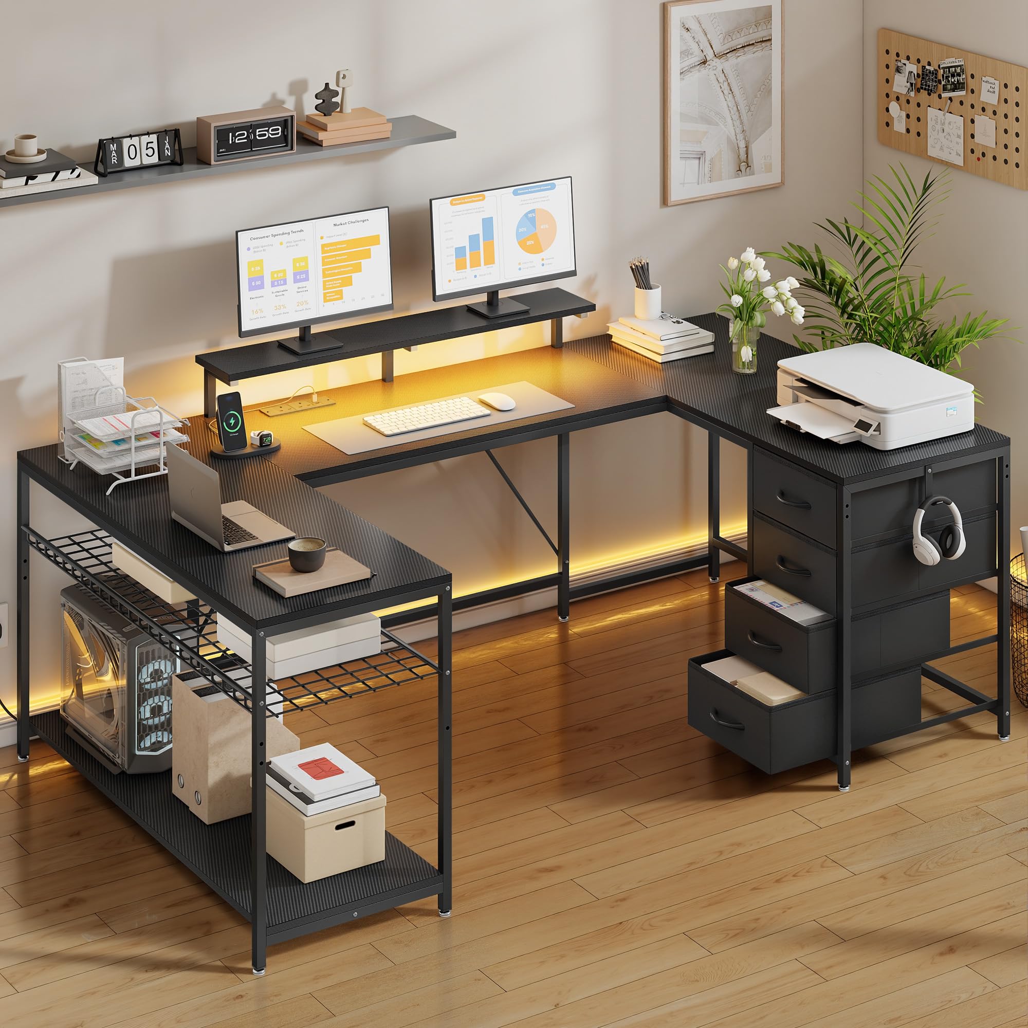 YITAHOME Eckschreibtisch mit 4 Schubladen & Stauraum, 158 x 100cm Gaming Schreibtisch mit LED & Monitorständer für Home Office, Reversible Eck Schreibtisch mit 2 Steckdosen und USB, Schwarz