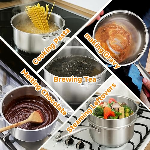 Miniatura 7 de Ohtomber Sartén de acero inoxidable  Vaporizador de tres capas de 1.5 cuartos de galón para cocinar, olla pequeña con cesta de vapor, sartén con