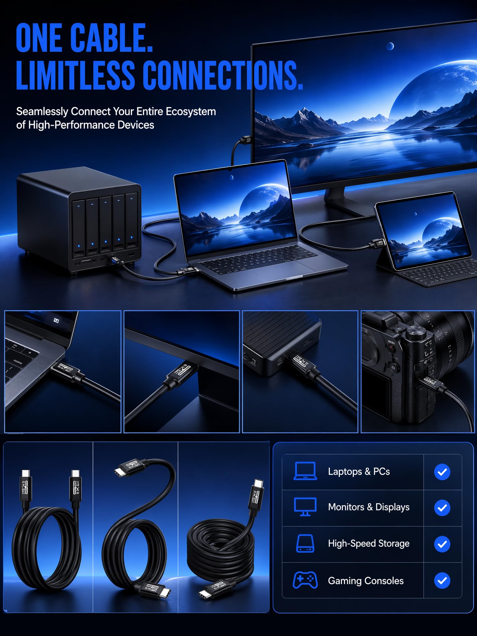 Cavo da USB C a USB C, 240 W, 8 K60 Hz, USB C GEN2 x 2 (dati USB 3.1), uscita video USB C da USB 3.2/USB4.0, ricarica e sincronizzazione rapida per monitor portatili Xreal MacBook Pro, iPad Pro,