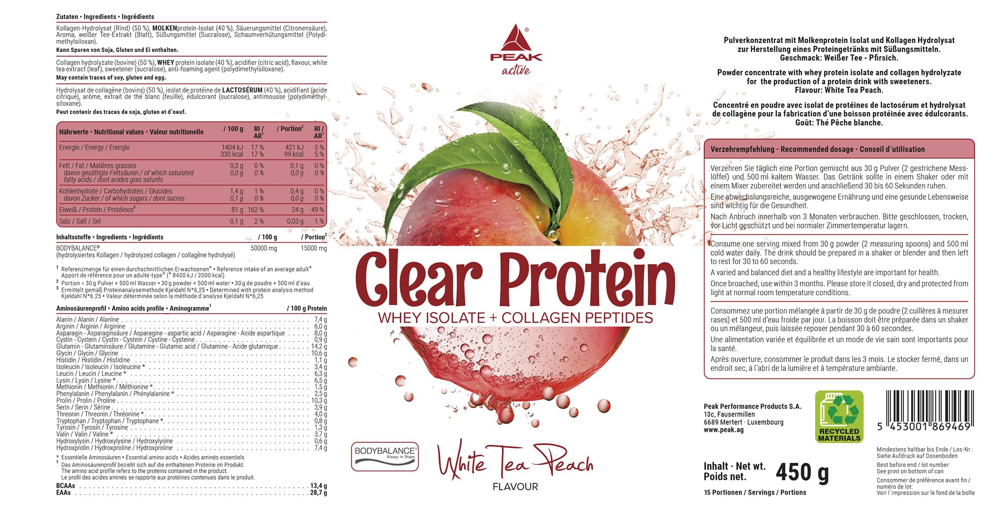 PEAK Clear Protein - 450g Sabor Té Blanco con Melocotón I 15 porciones I aislado de proteína de suero de leche transparente + PÉPTIDOS DE COLÁGENO BIOACTIVOS I BODYBALANCE I sabor afrutado y