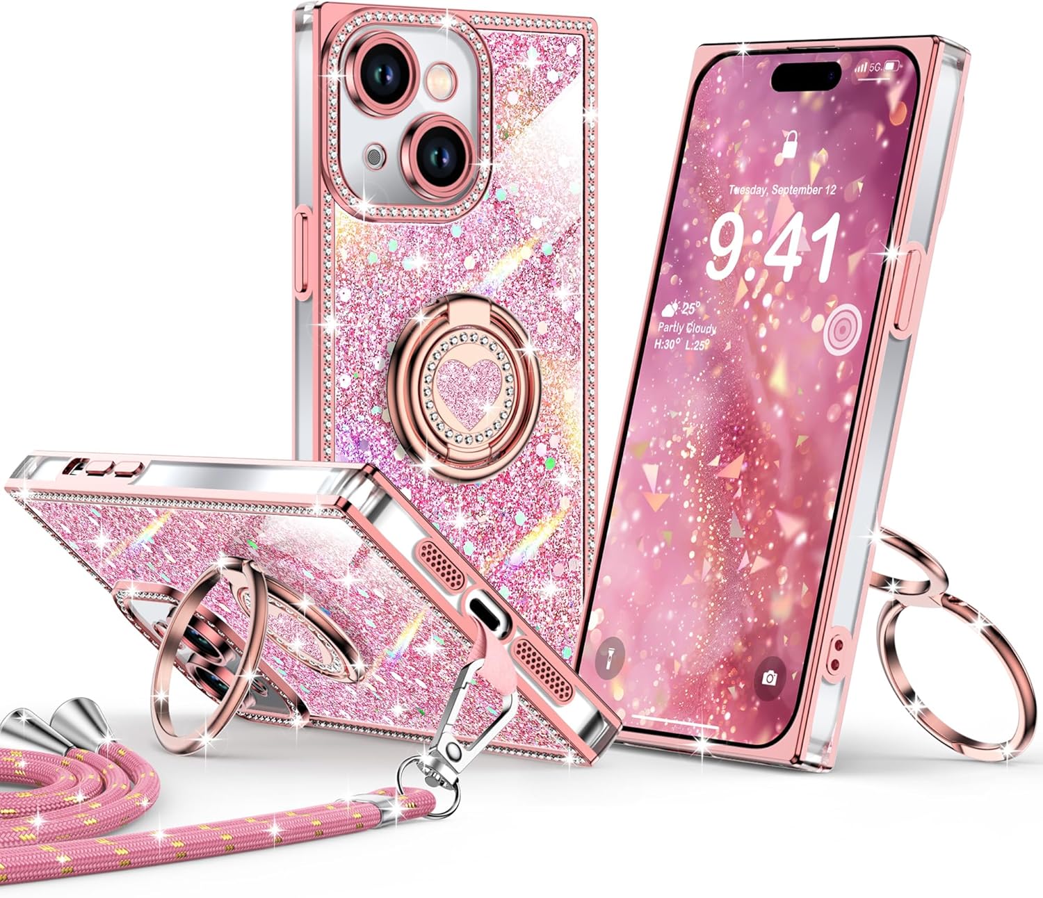 XYZ for iPhone 15 Case, Glitter Bling Phone Cover with 2-Ring Heart Stand & Lanyard, Women Girls Luxury Rhinestone Shockproof Protective Case for iPhone 15, Pink