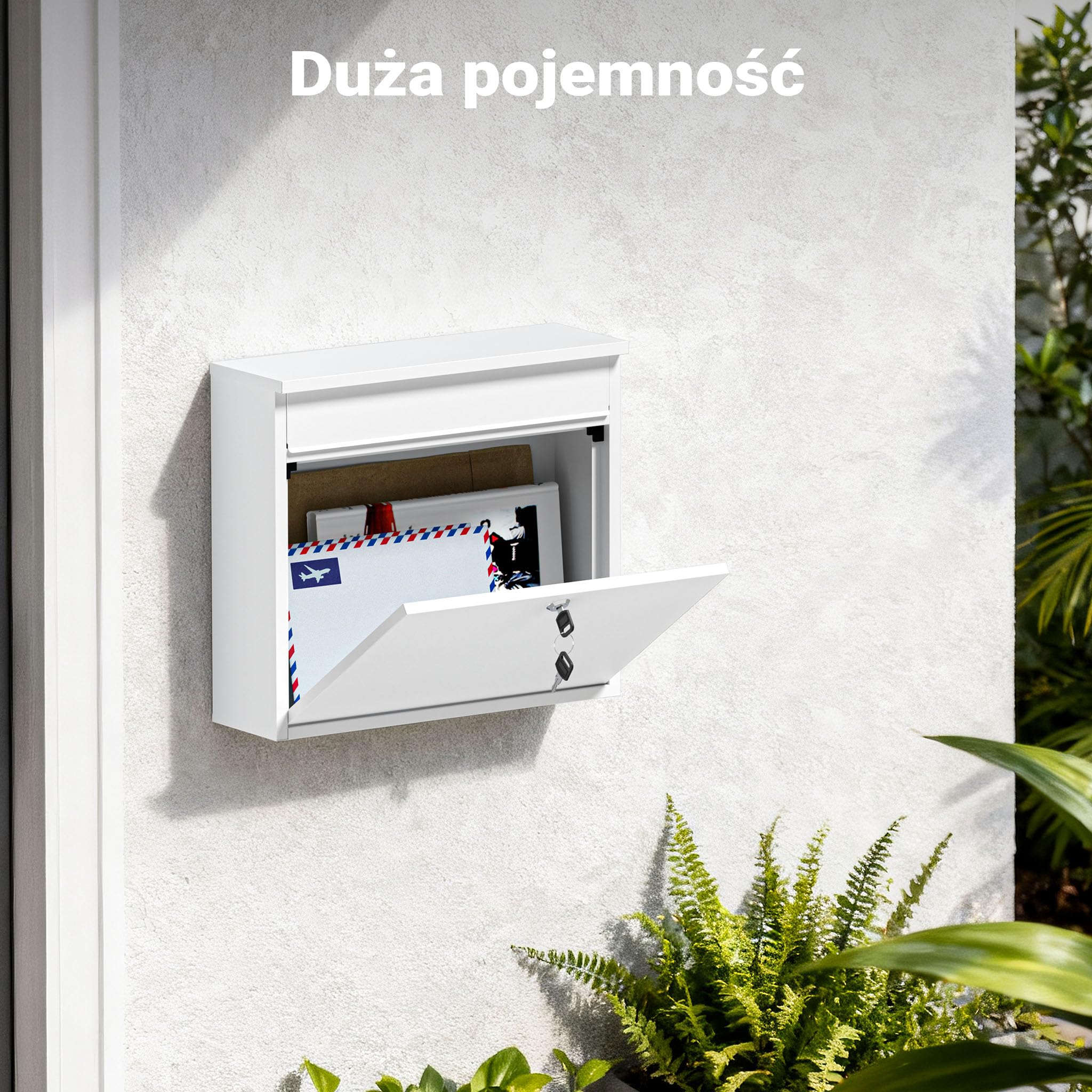 Wiltec Skrzynka na listy biała V13, stalowa z zamkiem, minimalistyczna skrzynka pocztowa do montażu na ścianie i stojaku, stal galwanizowana