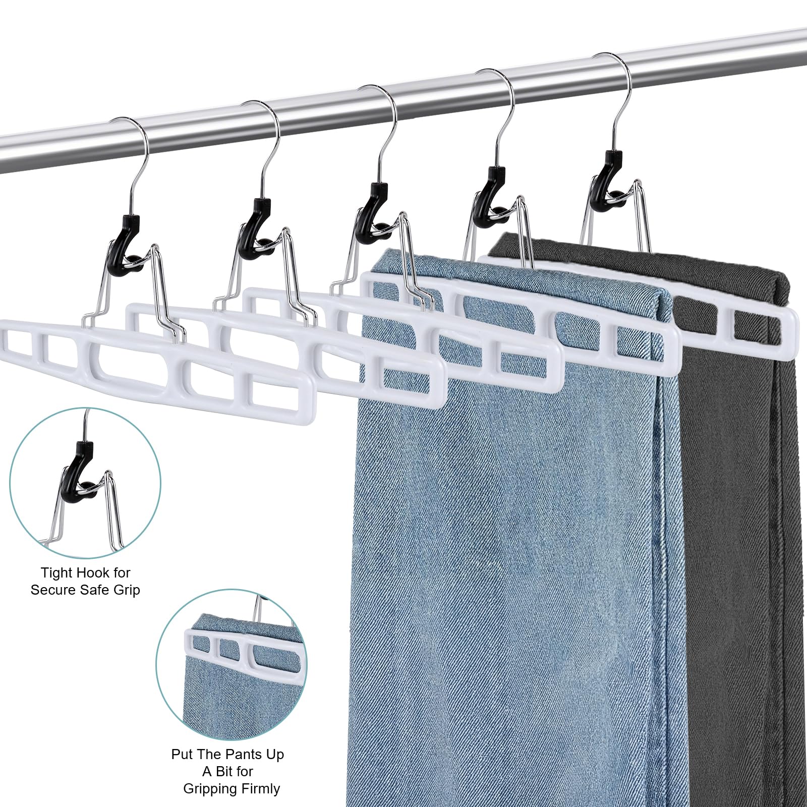 Confezione da 20 grucce bianche per pantaloni e gonne, regolabili, con clip, resistenti, con gancio girevole a 360°, per jeans, pantaloncini e vestiti