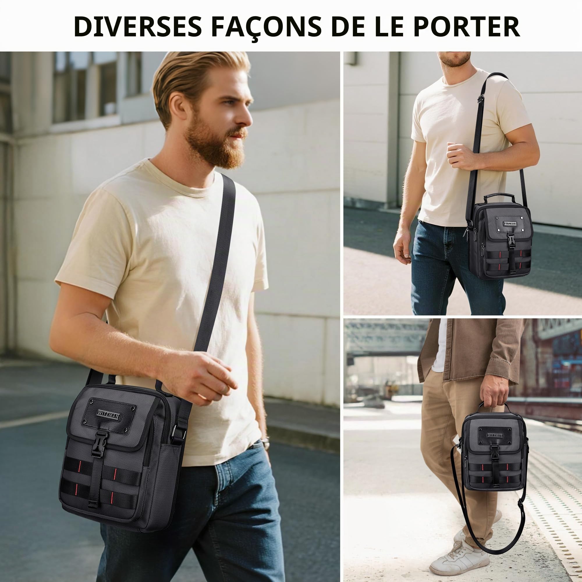 WITZMAN Sac à bandoulière léger pour homme - Sac à bandoulière décontracté en nylon pour le travail et les voyages