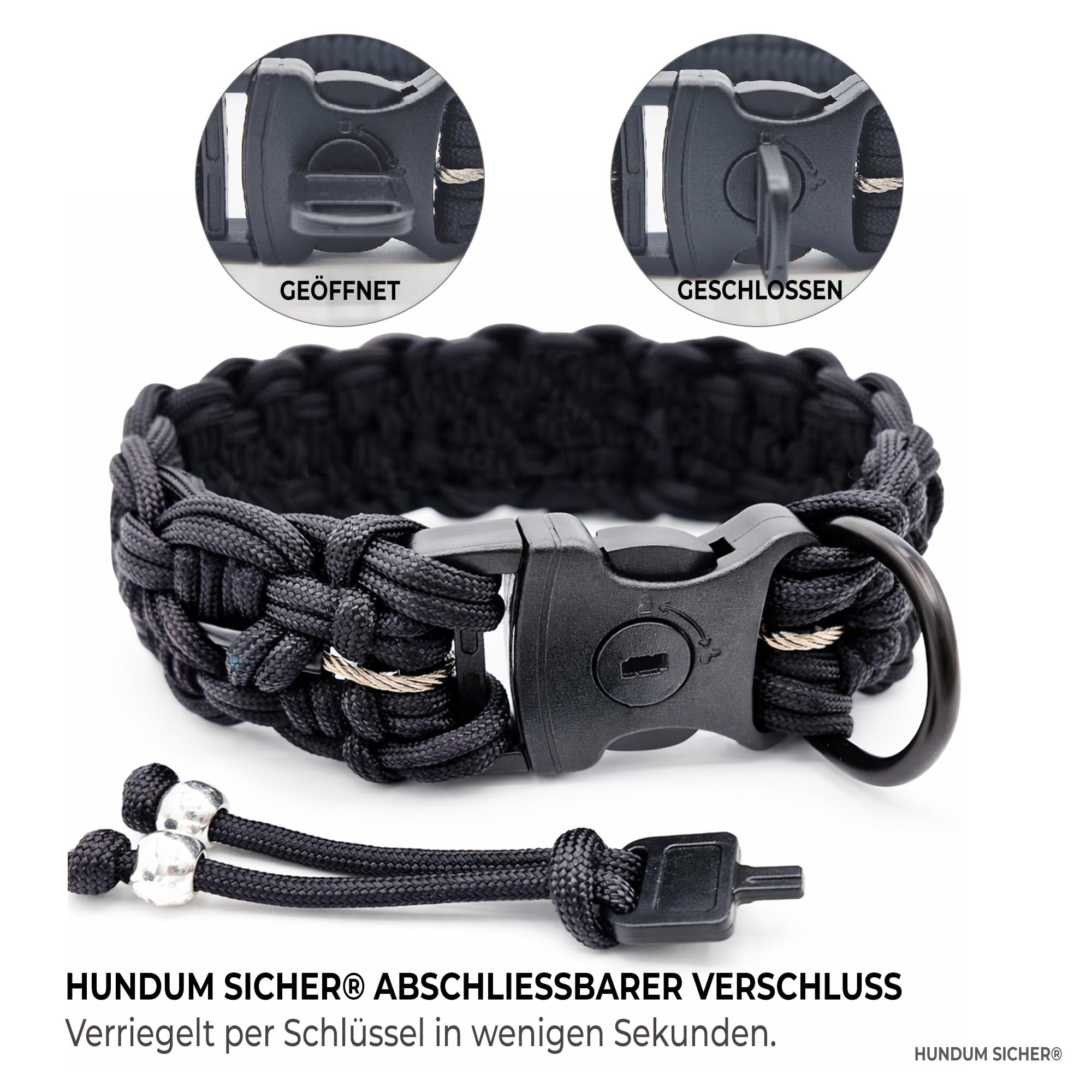 Anti-Diebstahl Hundehalsband & Leine für große Hunde - Abschließbar & schnittfest, handgemachtes Set aus Paracord mit Stahlseil-Kern (Leine M (180cm))