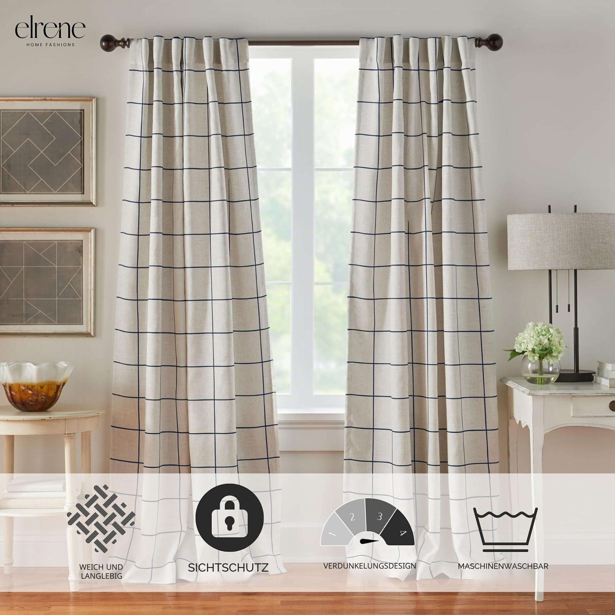Elrene Home Fashions Brighton Fenstervorhang, Schottenmuster, Verdunklungsvorhang für Fenster, für Wohnzimmer und Schlafzimmer, mit Stangentaschen, 132,1 x 213,4 cm, Indigo, 1 x Vorhang