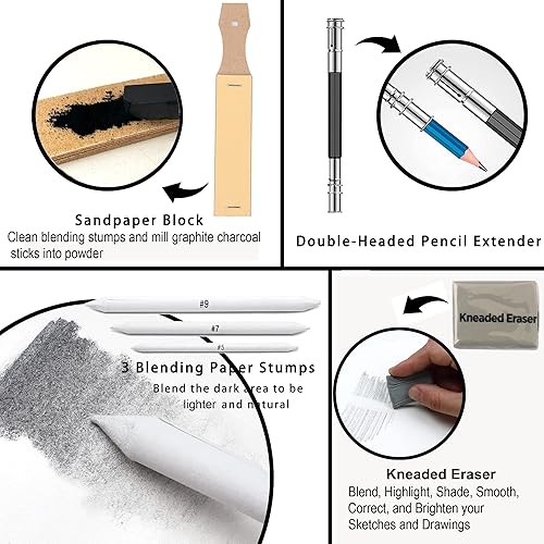 Miniatura 5 de KALOUR Paquete de 54 lápices de dibujo de bocetos con cuaderno de bocetos, incluye grafito, lápices de carbón y herramientas de artistas,