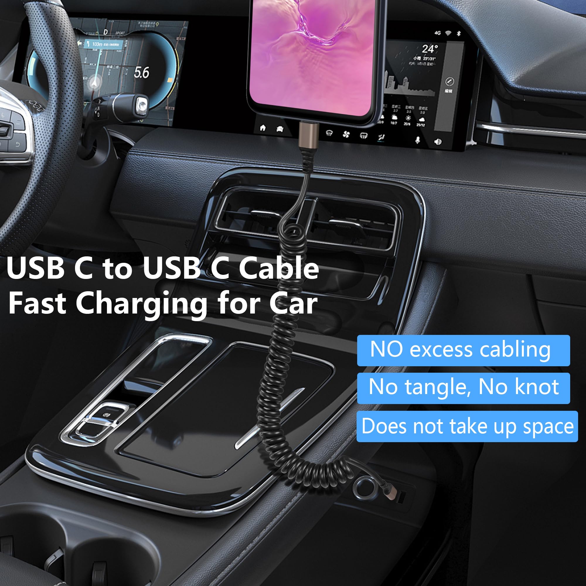 GELRHONR Cavo USB C A USB C A Spirale, 6A Ricarica Rapida E Sincronizzazione, 480 Mbps, Compatibile Con IPhone 15 E Samsung S24/S23/S22, Lunghezza Max 1,5 M