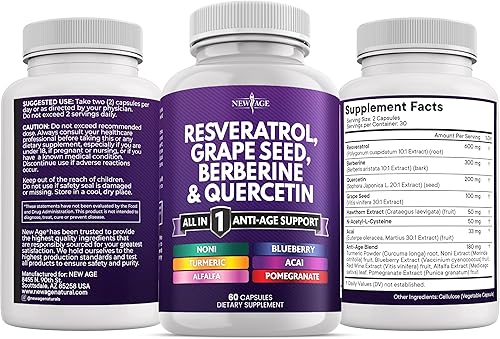 Miniatura 7 de NEW AGE Resveratrol, berberina, extracto de semilla de uva, quercetina, suplemento de polifenol para mujeres y hombres con noni, N-acetil cisteína,