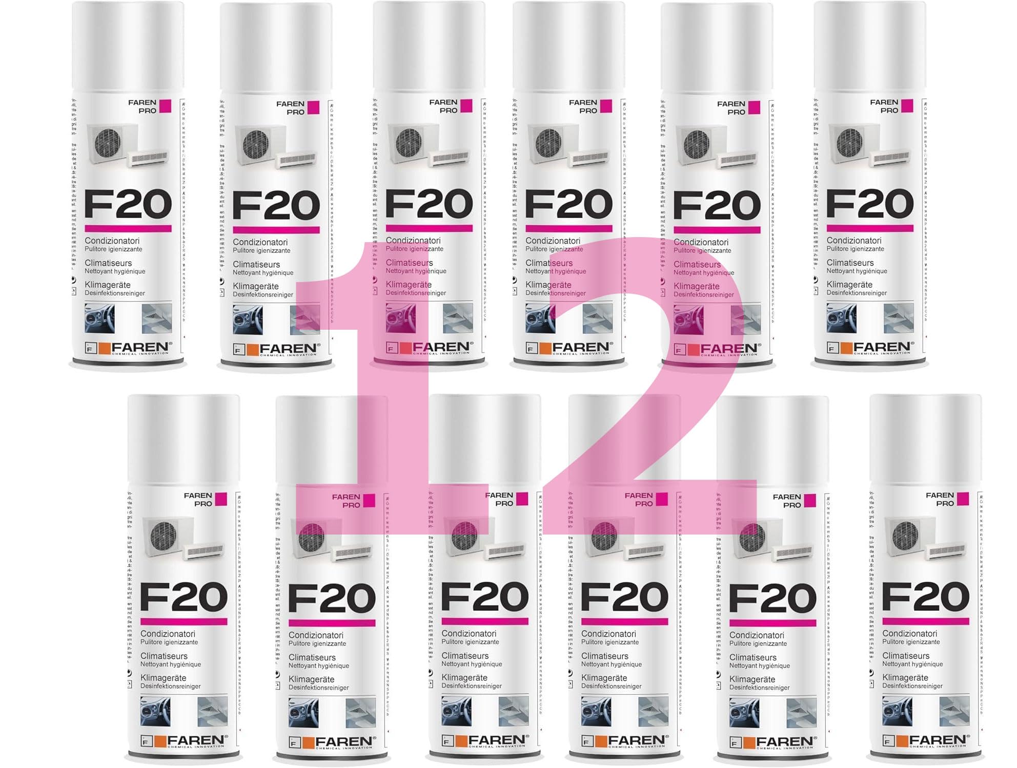F20 Pulitore, Igienizzante Spray per Climatizzatori di Casa e Auto, gradevolmente profumato a base alcolica, Confezione da 12 Bombolette spray da 400ml