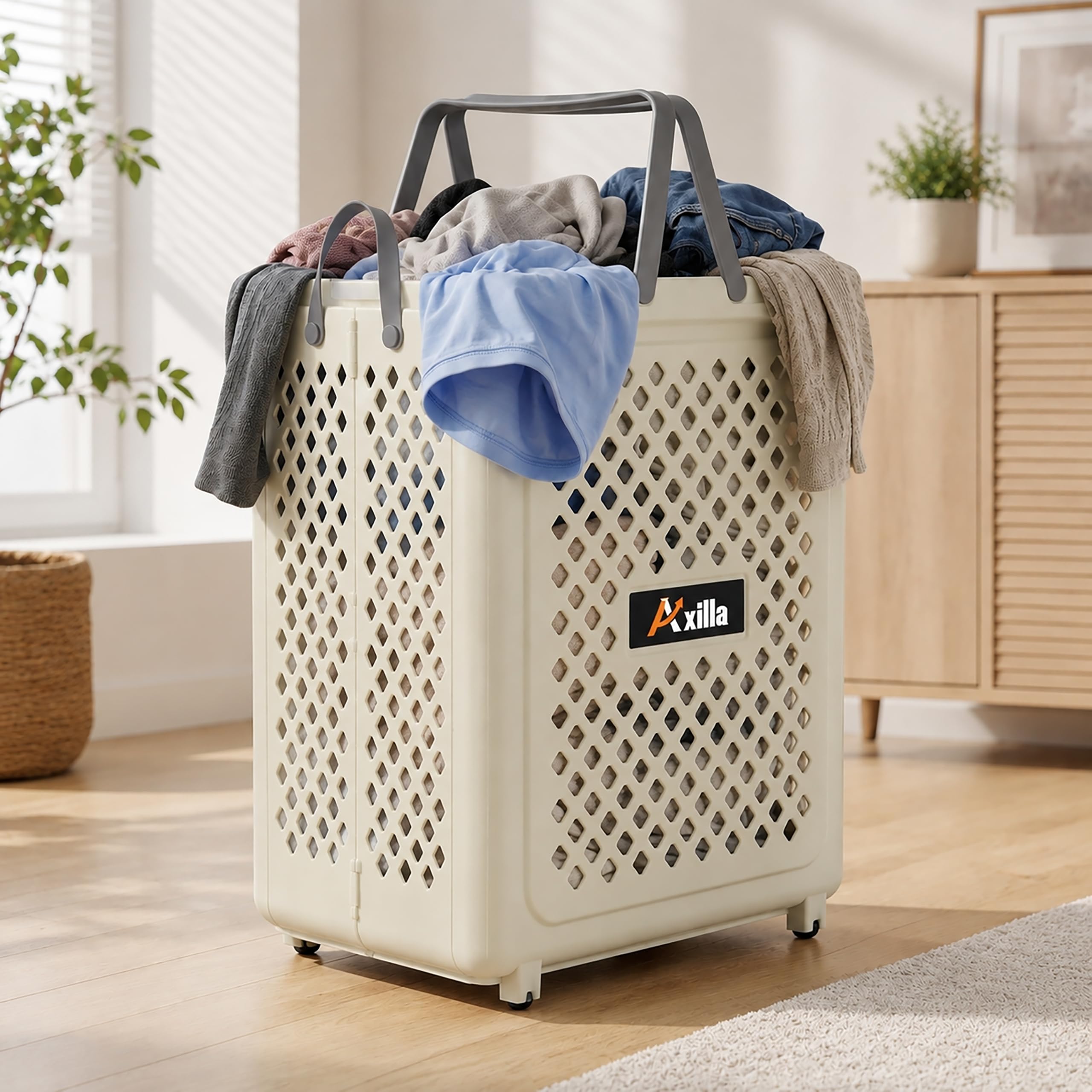 Foldable Plastic Laundry Basket with Handles and Wheels, Large Capacity Clothes Storage Hamper, Ventilated Dirty Clothes Organizer for Bedroom, Bathroom and Laundry Room, Off White-picture-27