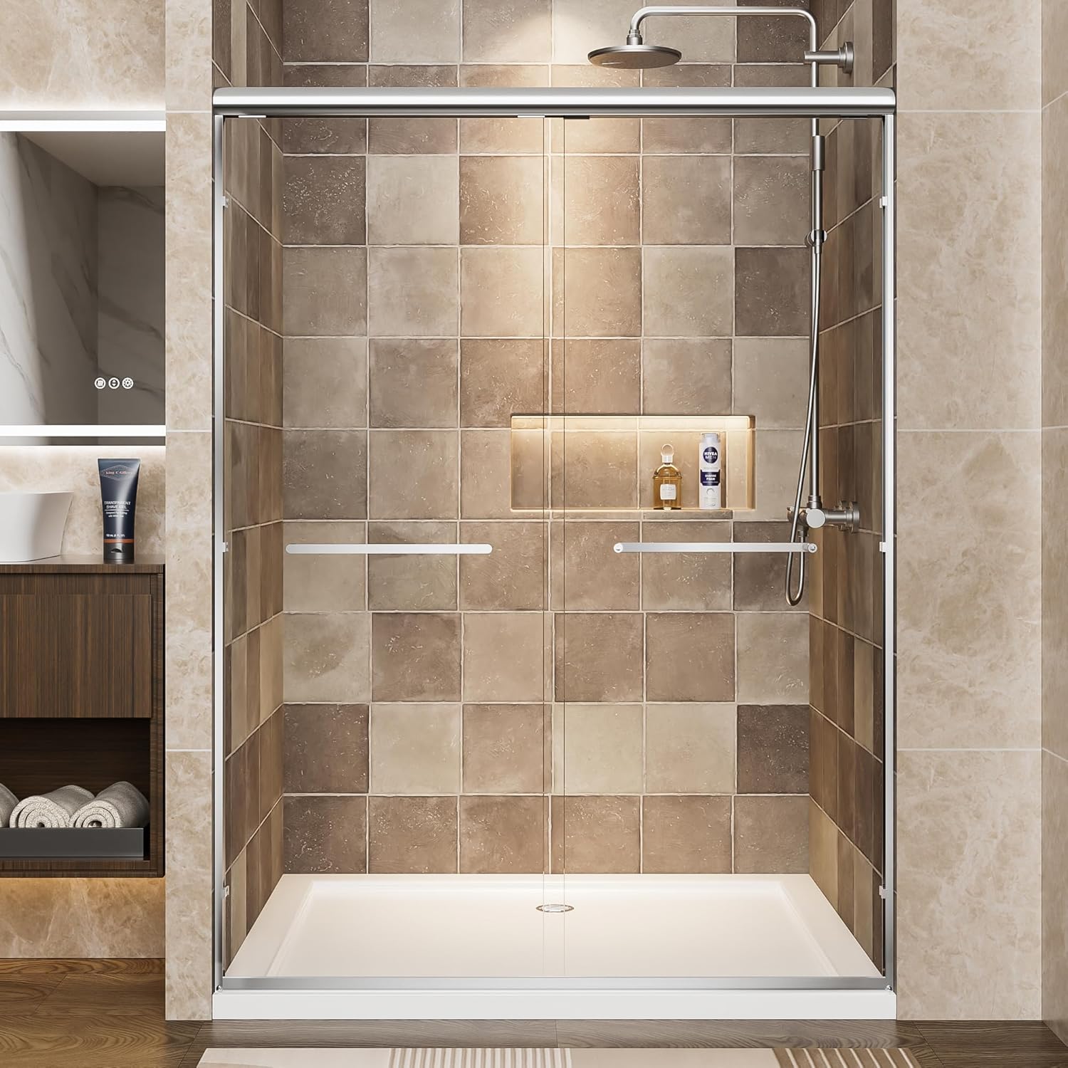 Double Sliding Shower Door, 50-54" W x 72" H Semi-Frameless Shower Door, 1/4" (6mm) Clear Tempered Glass with Explosion-Proof Film & Nano Coating,Stainless Steel Handles,Chrome