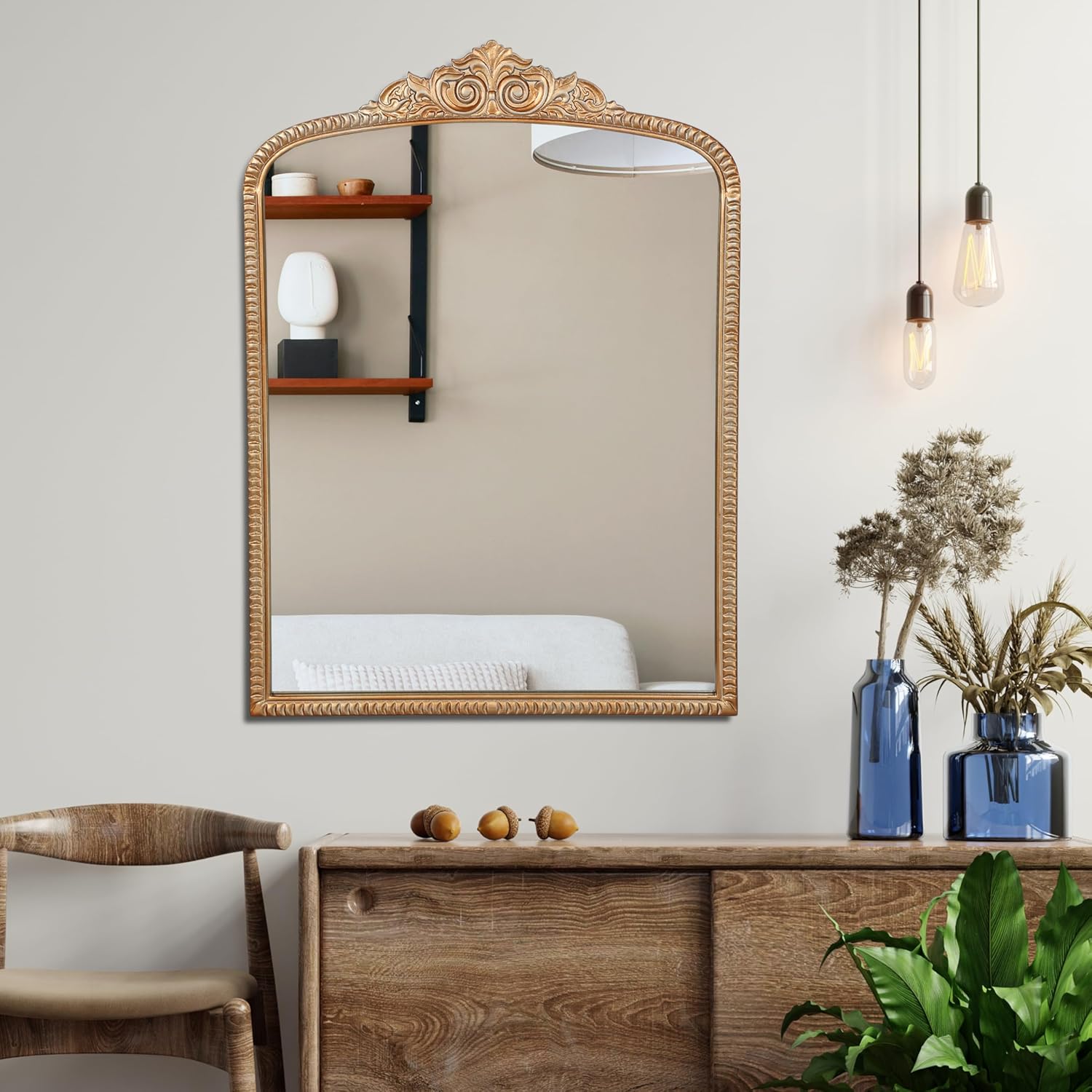 Vintage Arch Wall Mirror, Distressed Wood Frame with Ornate Carved Top, Antique Finish Hanging Mirror for Living Room, Bedroom, Entryway, and Bathroom, 35x25 Inch (Vintage Brass Gold)