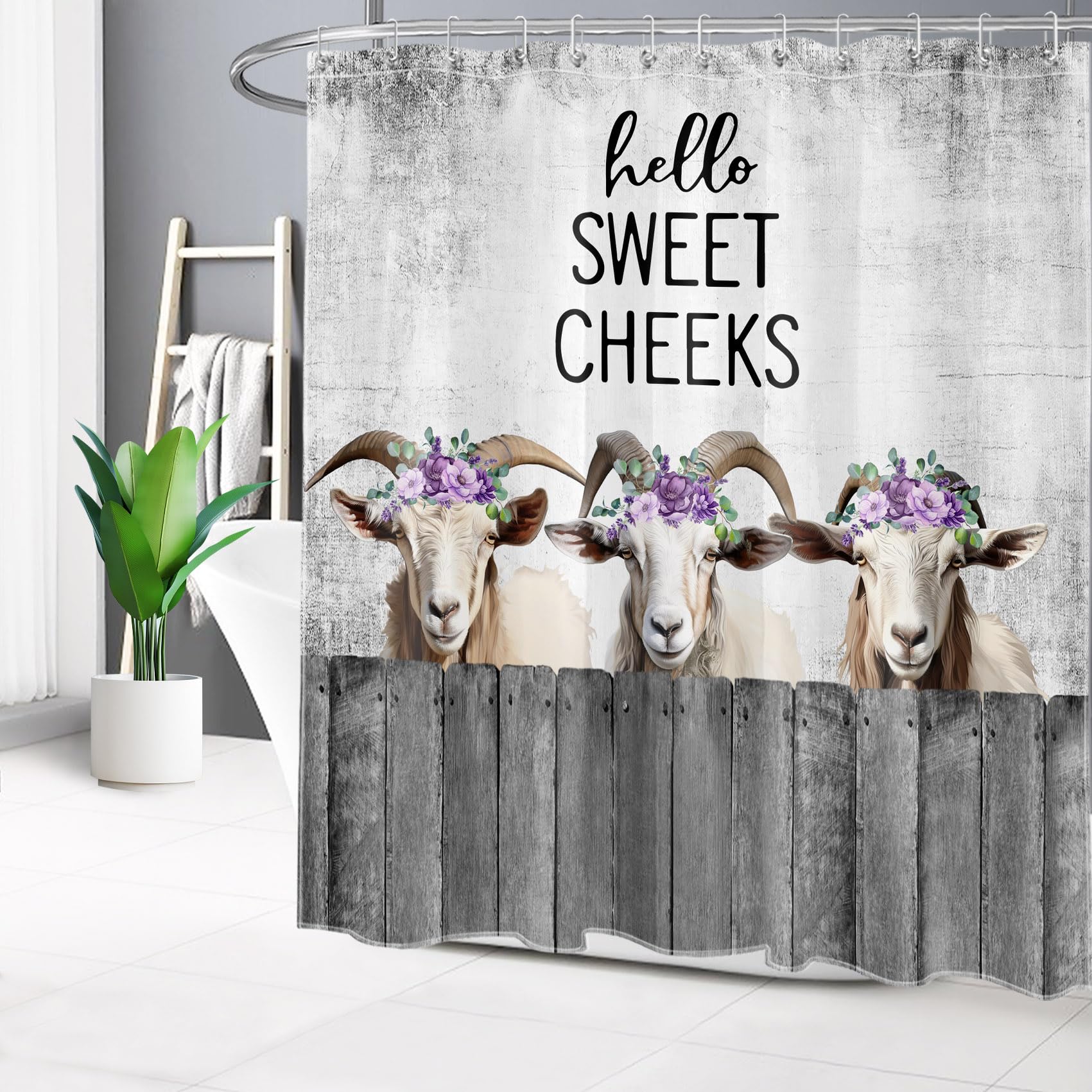 NEONWE Farmhouse Goat Shower Curtain Goat and Purple Floral on Grey Wooden Boards Background Shower Curtain for Bathroom Hello Sweet Cheeks Bathroom