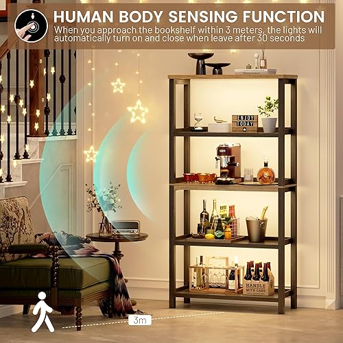 Miniatura 5 de Vlsrka Estantería de 5 niveles con 3 luces LED, moderna estantería industrial vintage, organizador de almacenamiento de 65 pulgadas de alto, estante