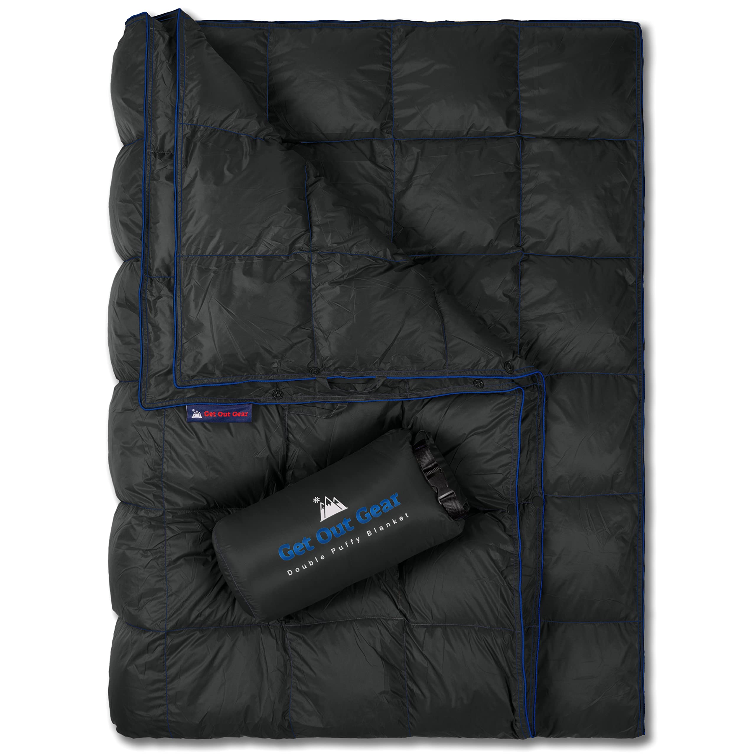 Get Out Gear Black/Blue Double Puffy Camping Blanket - Extra Puffy, Packable, Lightweight And Warm | Ideal For Outdoors, Travel, Stadium, Festivals, Beach, Hammock | Water-Resistant Camp Quilt ()