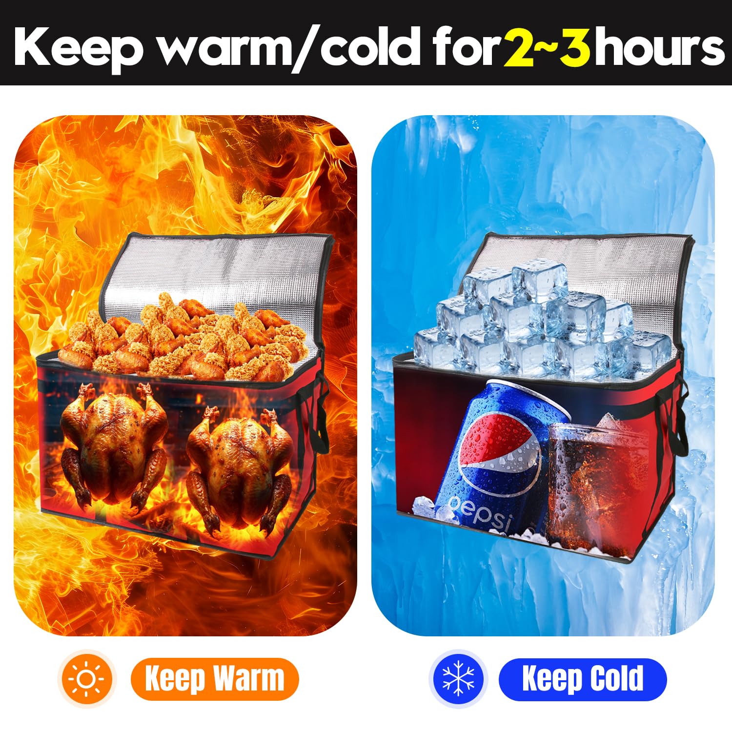 1 sac isotherme pliable - 58 x 38 x 35 cm - Rouge - Pour pizza - Pour aliments chauds et froids