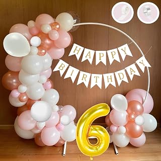Flyloons 6th Happy Birthday Decoration Pink Theme Combination for Girls Princes | 30 Pcs Pink White Rose Gold Balloons | White Happy Birthday Paper Banner | Arch Tape | Glue Dots