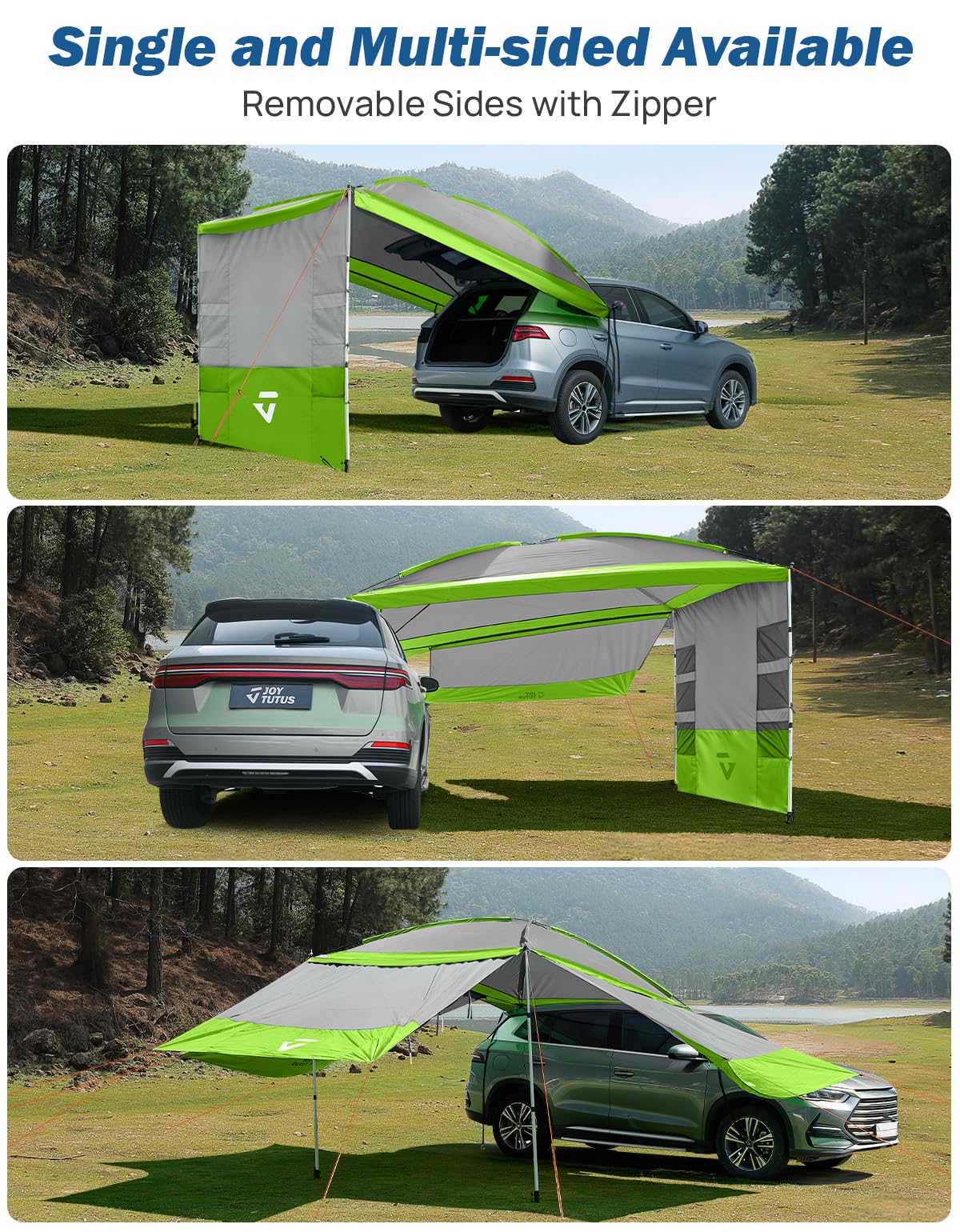 JOYTUTUS Auvent de Voiture SUV Universelle avec 3 Côtés Amovibles Vert | Tente Arriere Imperméable PU2000mm, Auvent Fourgon UV50+ Pare-Soleil avec 8 Poches de Rangement pour Camping, Randonnée