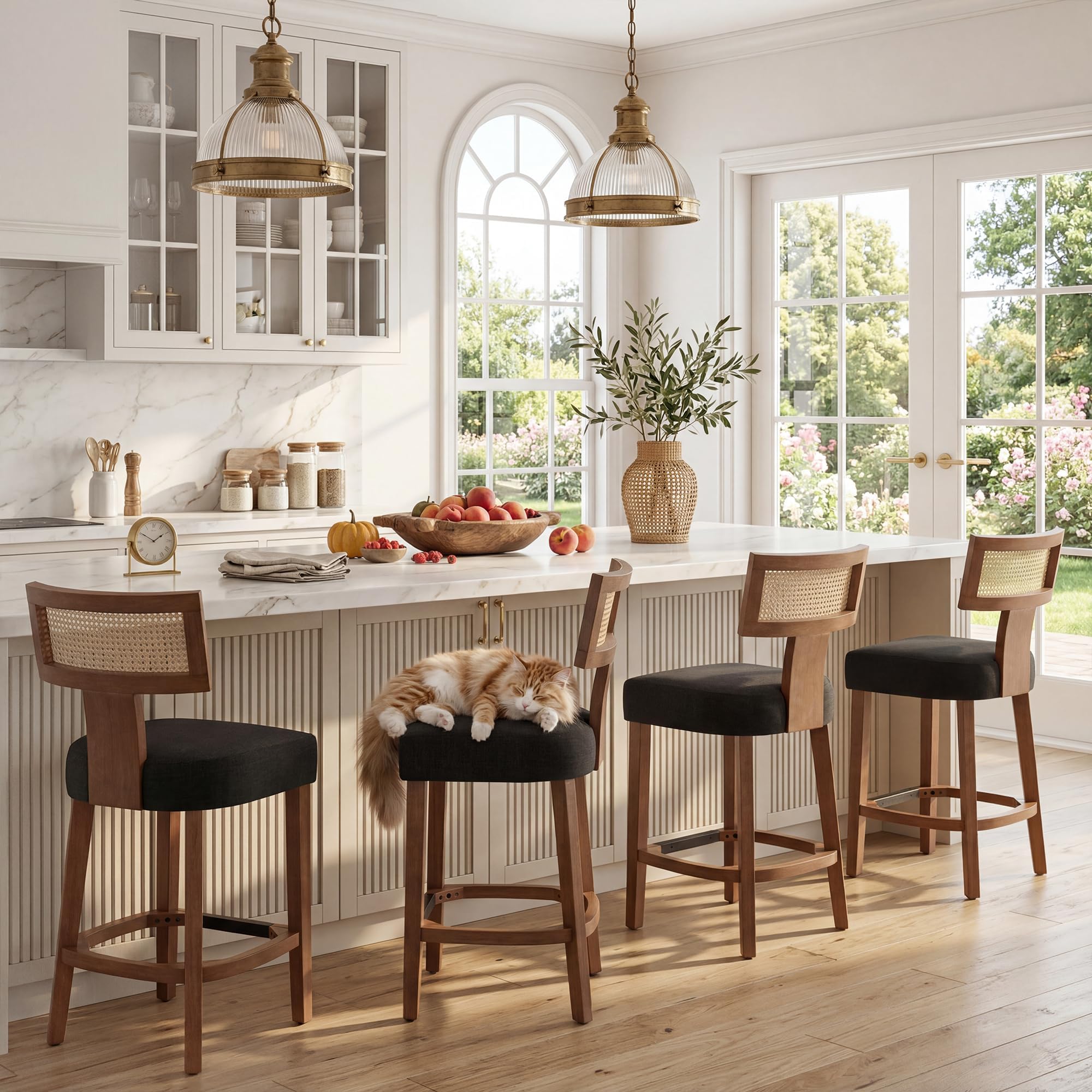 26’’ Rattan Barstool with Back Counter Height Bar Stool Set of 4, Charcoal Linen Modern Kitchen Counter Stool Upholstered Farmhouse Wicker Bar Stool, Boho Bar Stool Chairs with Natural Wood Frame