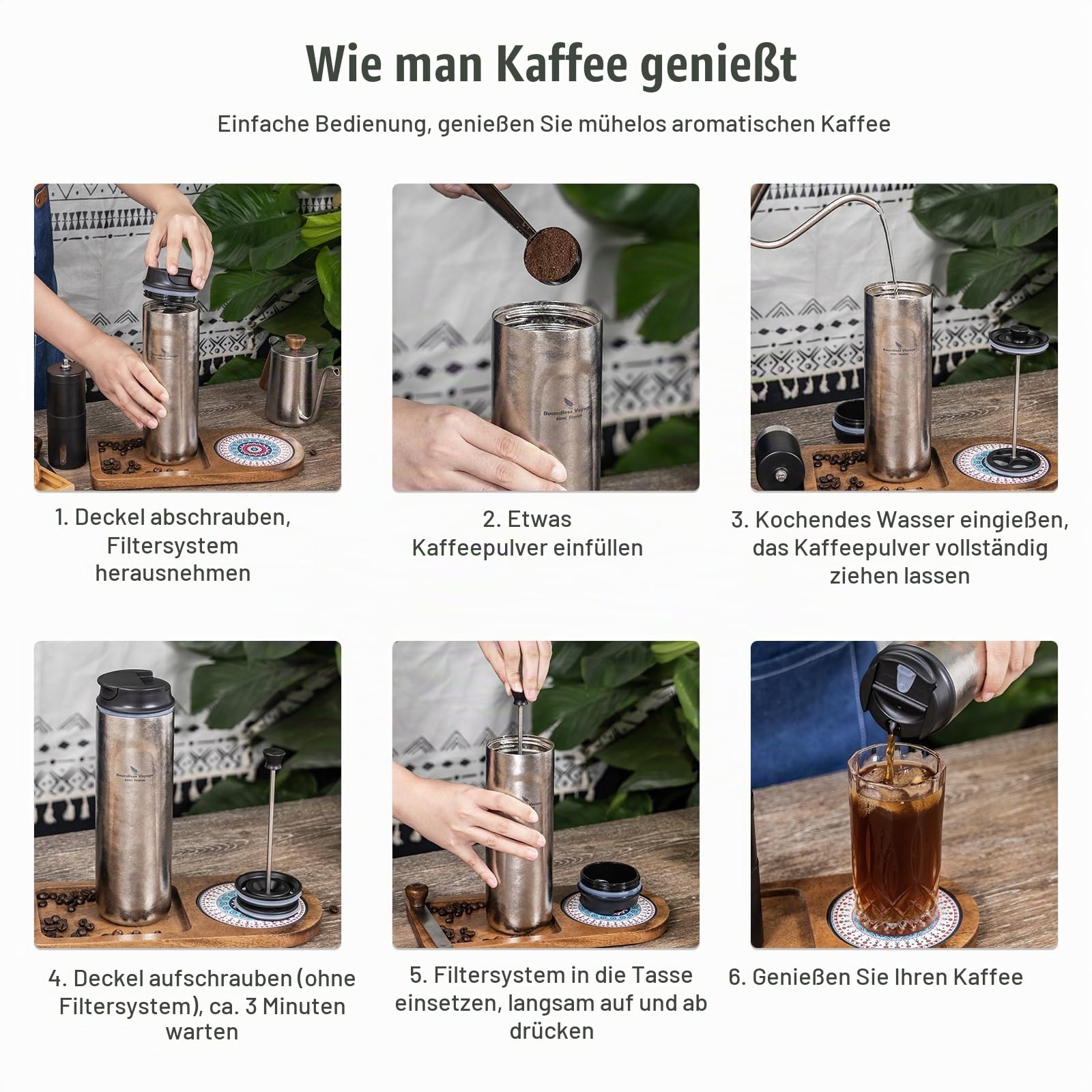 iBasingo 450ml Titan French Press Kaffeeflasche Doppelwandige Isolierte Vakuum Thermoskanne Becher Tragbare Tee Wasserflasche Outdoor Auto Reisebecher mit Deckel Ti3255D