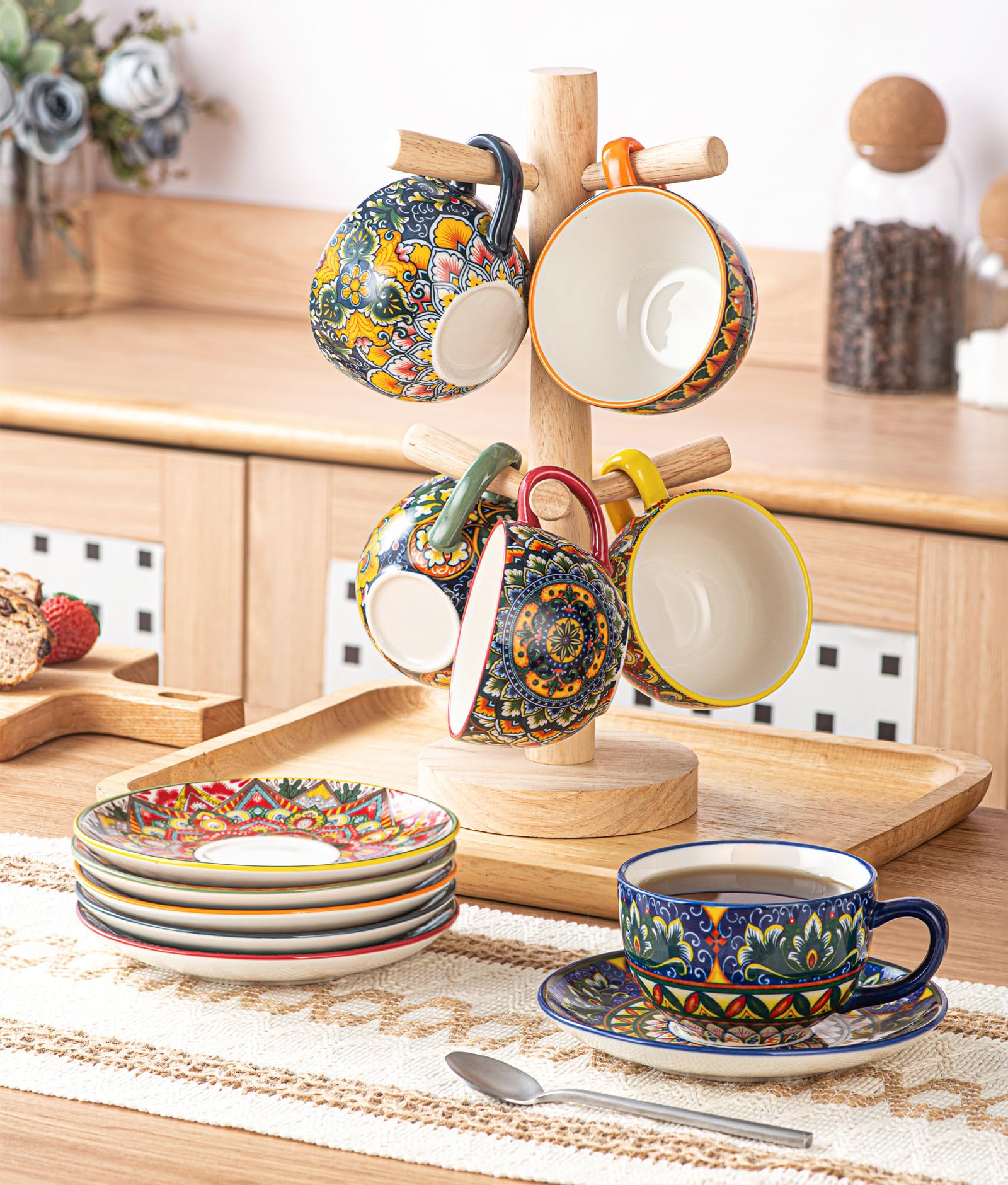 Juego de Café de Porcelana, Juego de 6 X 250 ml, Pintado a Mano, Juego para 6 Personas, incluye Tazas de Café y Platillos
