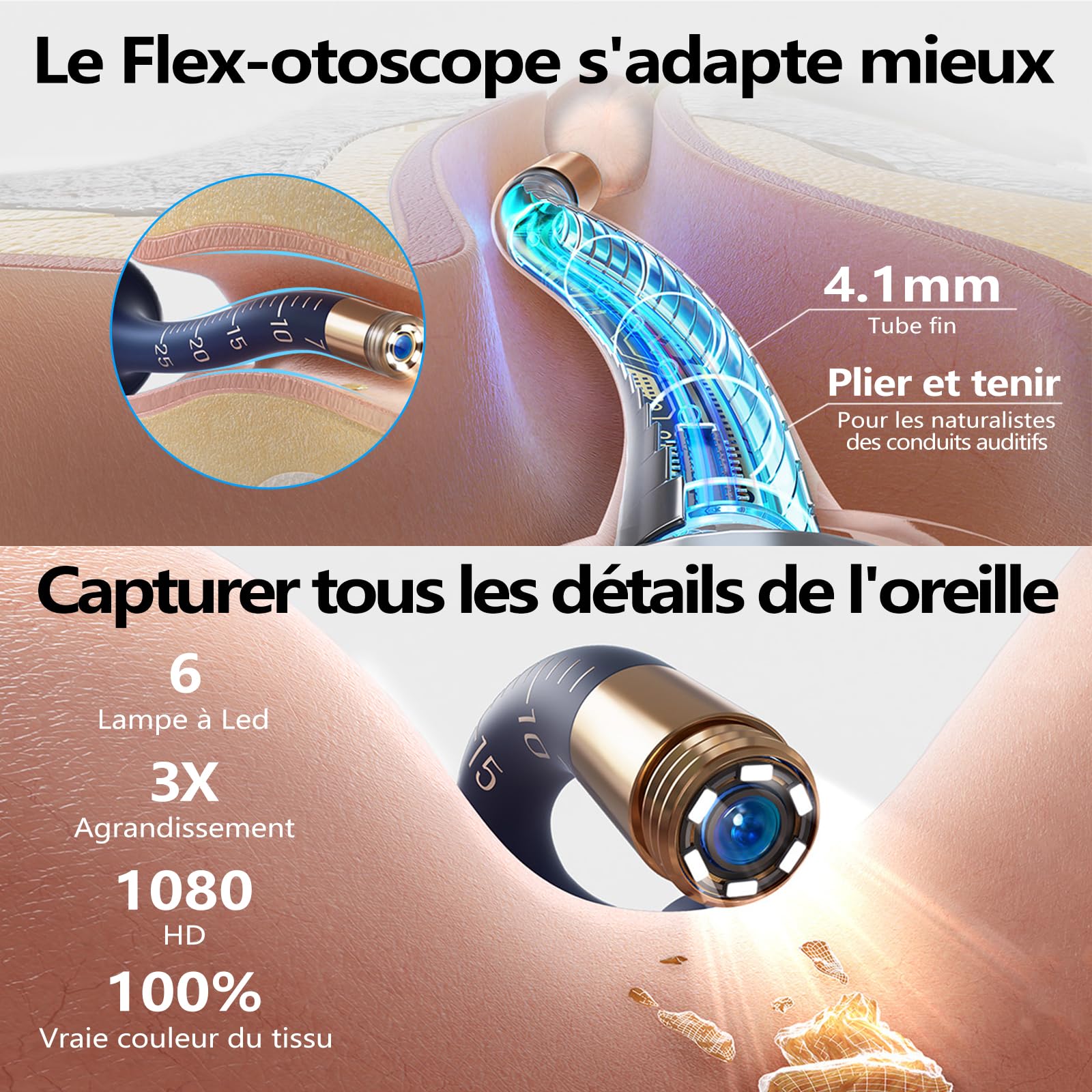 Otoscope Sans Fil Flexible, Kit de Nettoyage D'oreilles Portable Pour Adultes/Enfants (Bleu givré, I35R-FR)