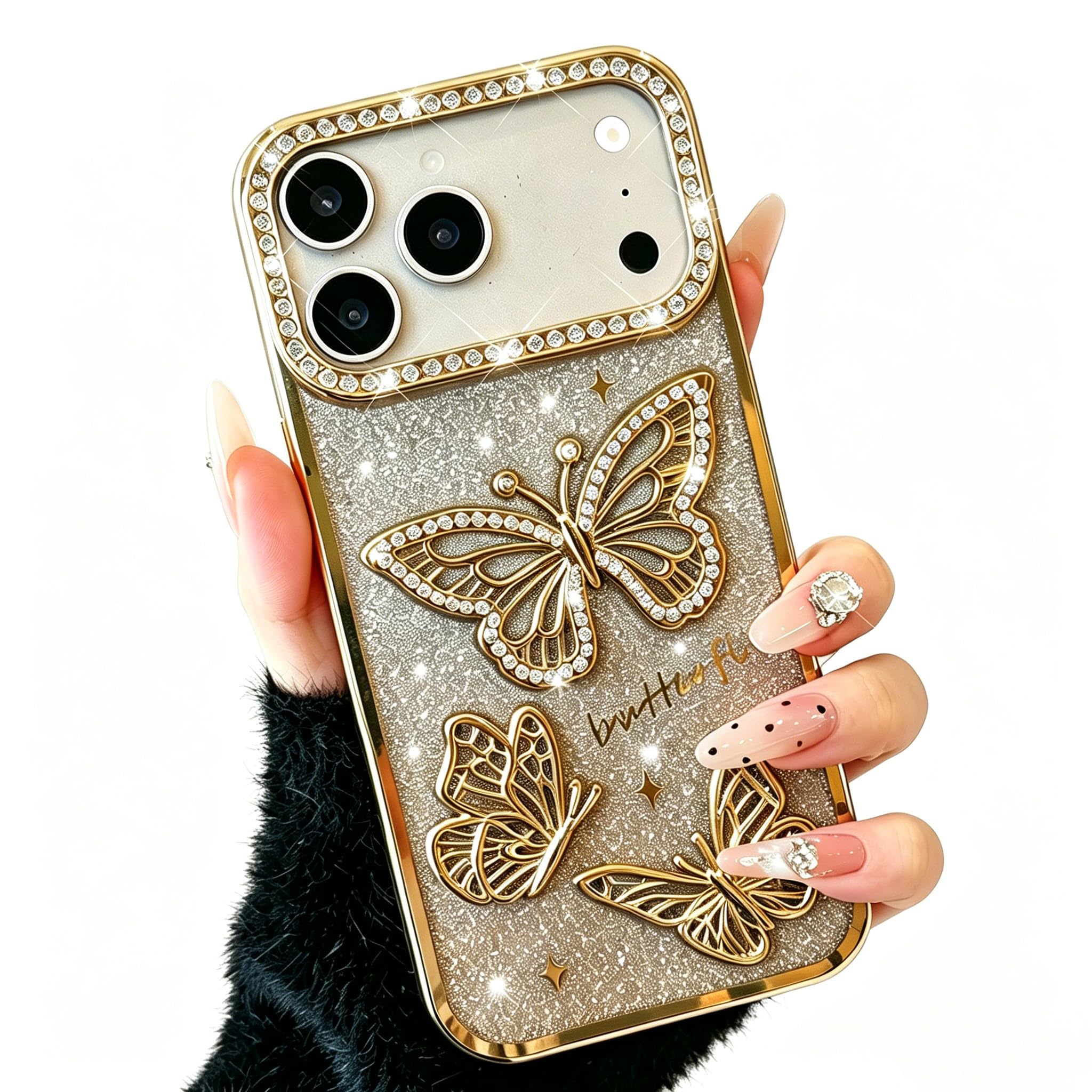 Coque iPhone 16 Papillon 3D strass or et paillettes transparentes - 8