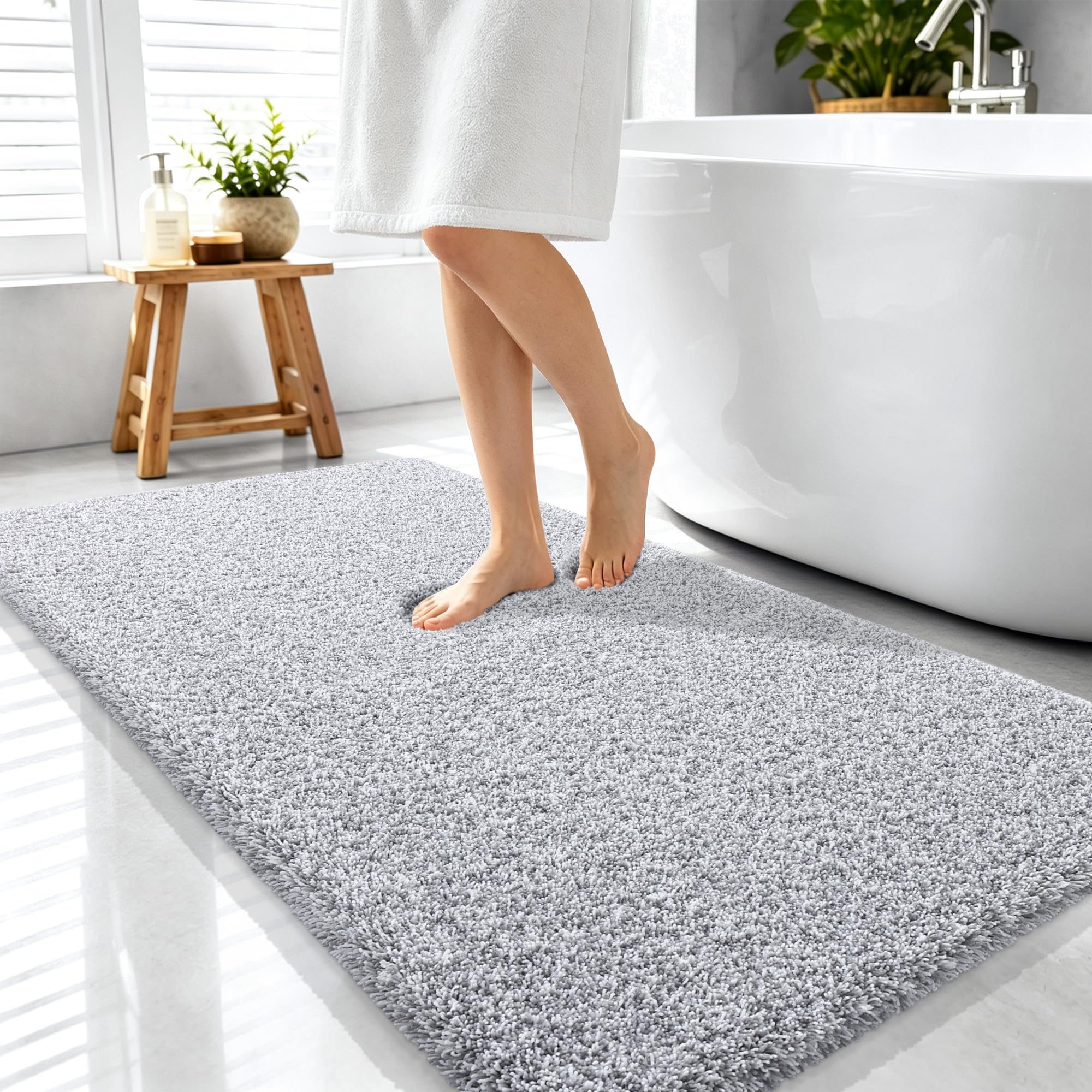 OLANLY Microfiber Bathroom Rugs 44x24, Quick Dry Bath Mat, Grey and White