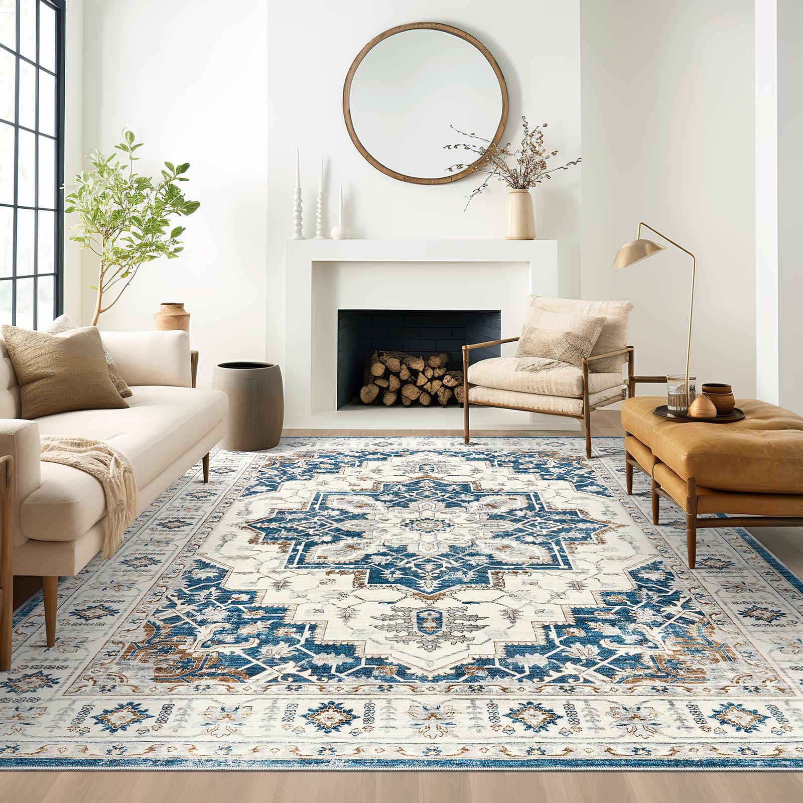 befbee 6x9 Area Rug for Living Rooms, Stain Resistant Neutral Washable Rugs for Dining Rooms, Floral Vintage Non-Slip Thin Large Size Area Rugs(Blue)