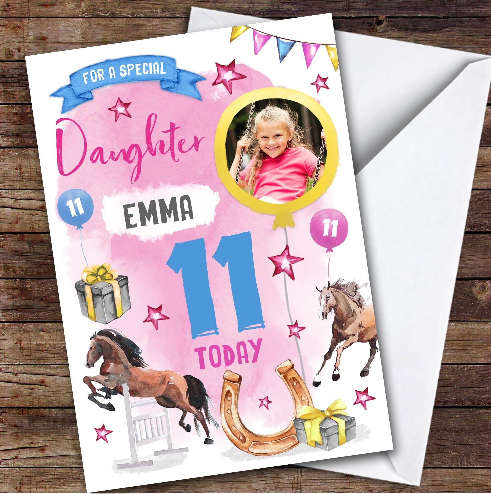 Girl's Horse Riding Animal Lover Photo Daughter 11th Birthday Personalised Card - Personalised Birthday Greeting Card For Kids, Custom Birthday Card