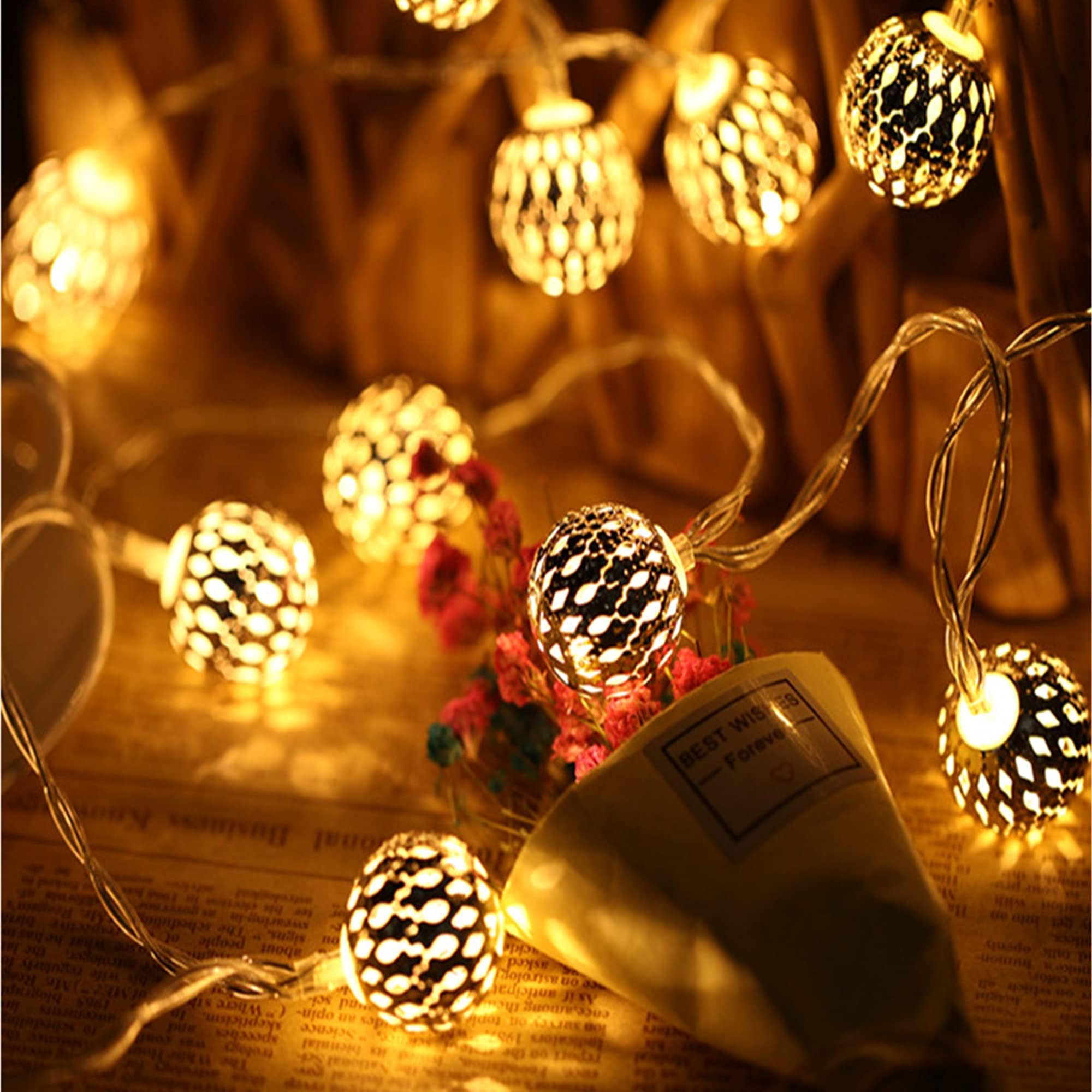 dephen Solar Globe String Lights, Moroccan Ball String Lights Warm White,15ft 20 LED Fairy Orb Lantern Christmas Solar Powered String Lights for Outdoor Garden, Yard, Patio, Party, Home Decoration