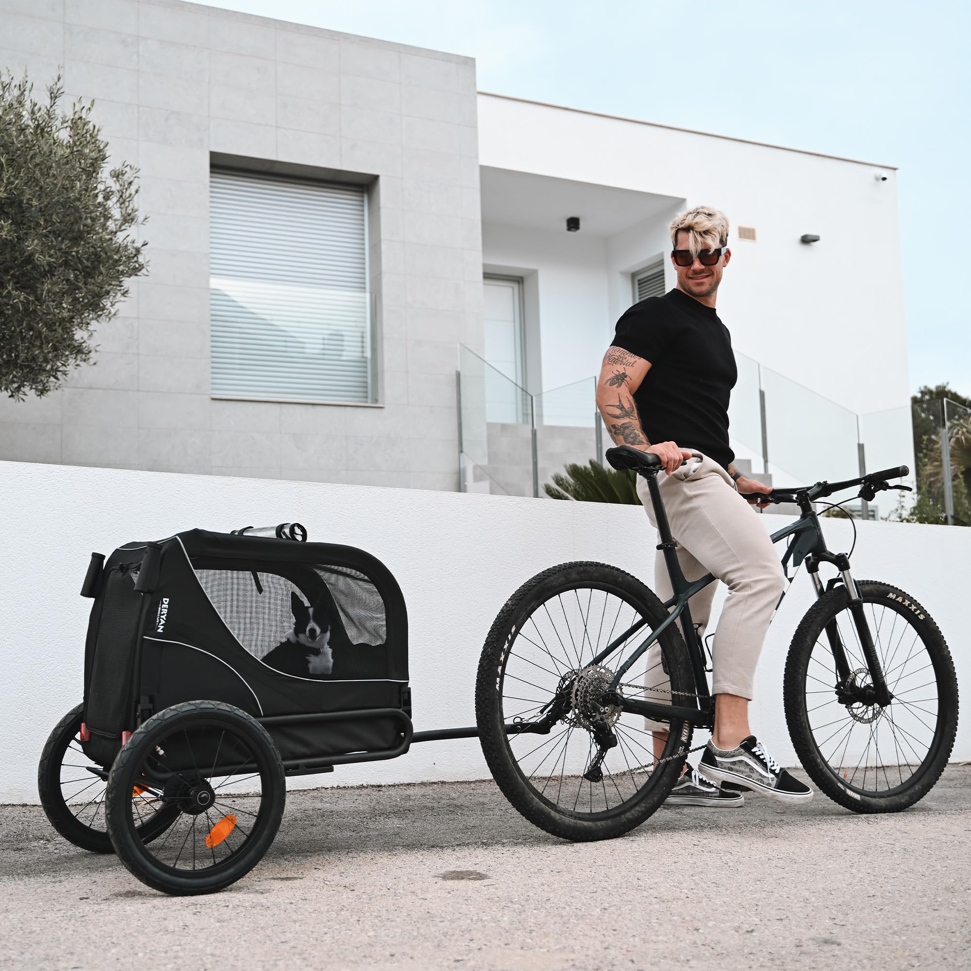 Deryan Hundefahrradanhänger 2-in-1 für Hunde - Fahrradanhänger XL, Jogger & Buggy - Zusammenklappbar & Multifunktional - Bis 20 kg - Für E-Bikes geeignet - Federung Fahrradanhänger Jogger - Schwarz