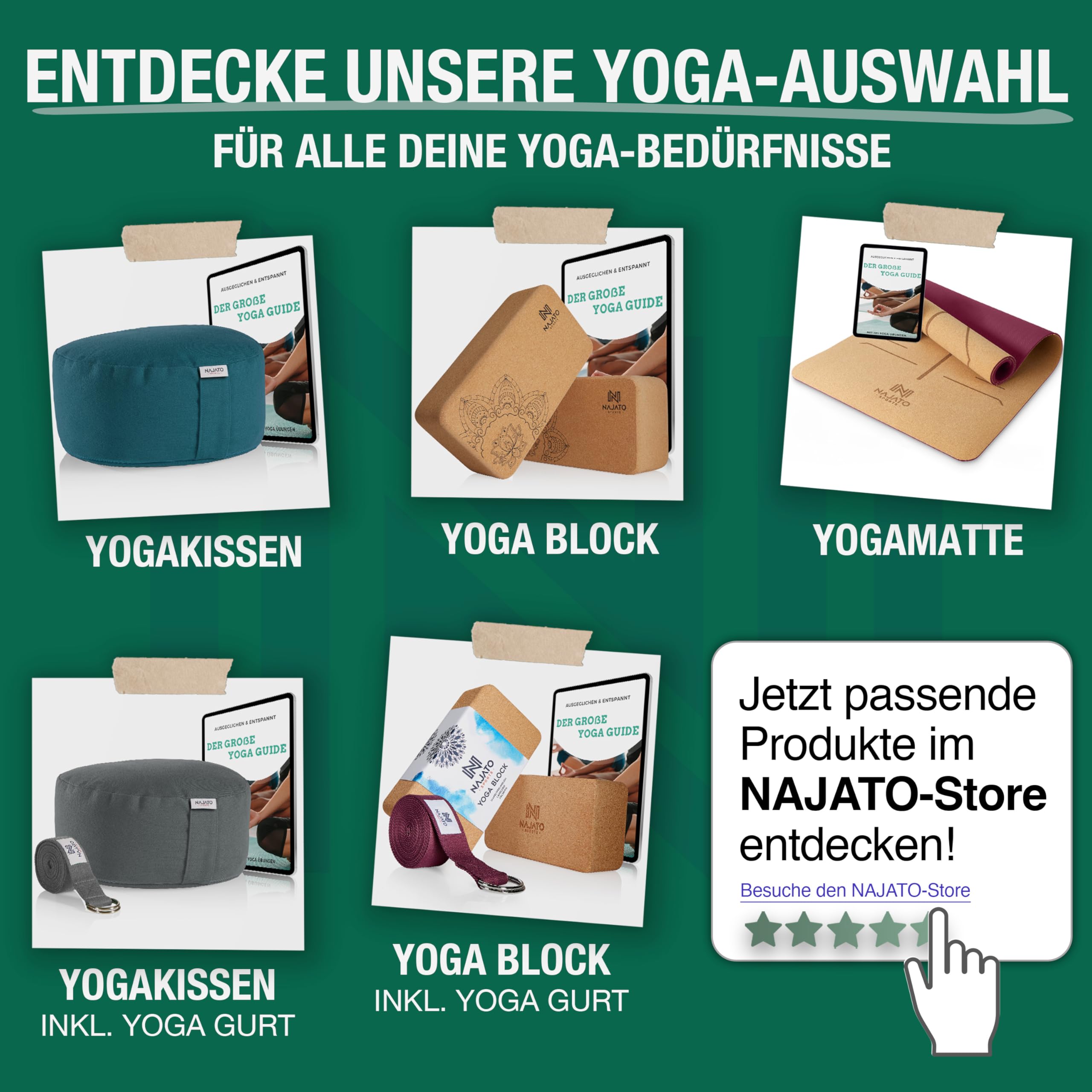 NAJATO Sports Yogamatte Kork – Rutschfeste Yoga Matte mit Tragegurt & E-Book (PDF Datei) – Trainingsmatte 183 x 65 x 0,6 cm – Nachhaltige Gymnastikmatte