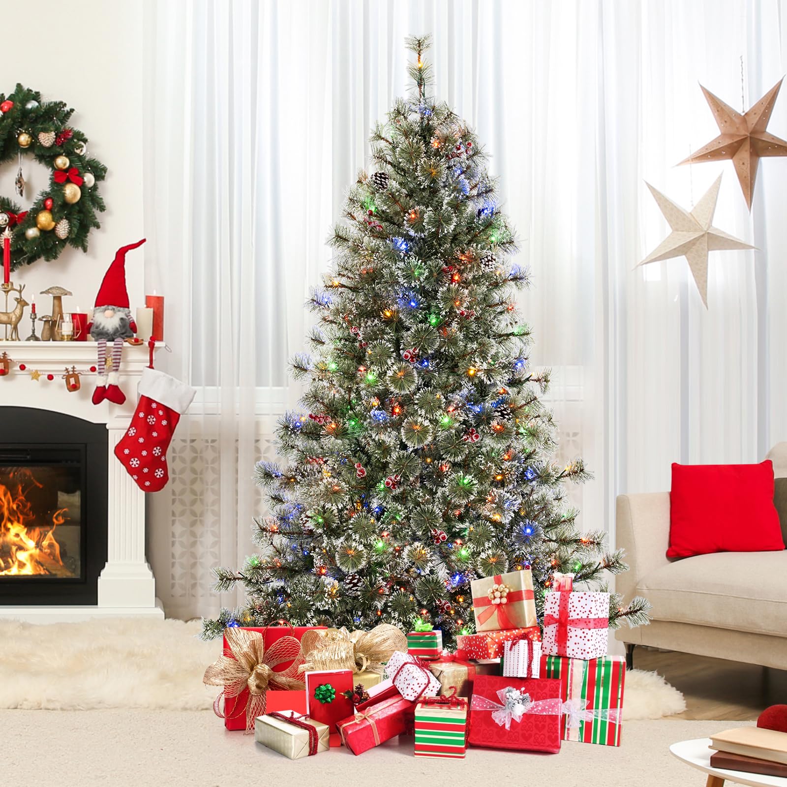 COSTWAY Sapin de Noël Artificiel 180 cm, Arbre de Noël Pré-éclairé à Charnière 598 Aiguilles de Pin et Embouts en PVC, 350 Lumières LED Multicolores et Blanc Chaud, 9 Modes, Connecteur Rapide
