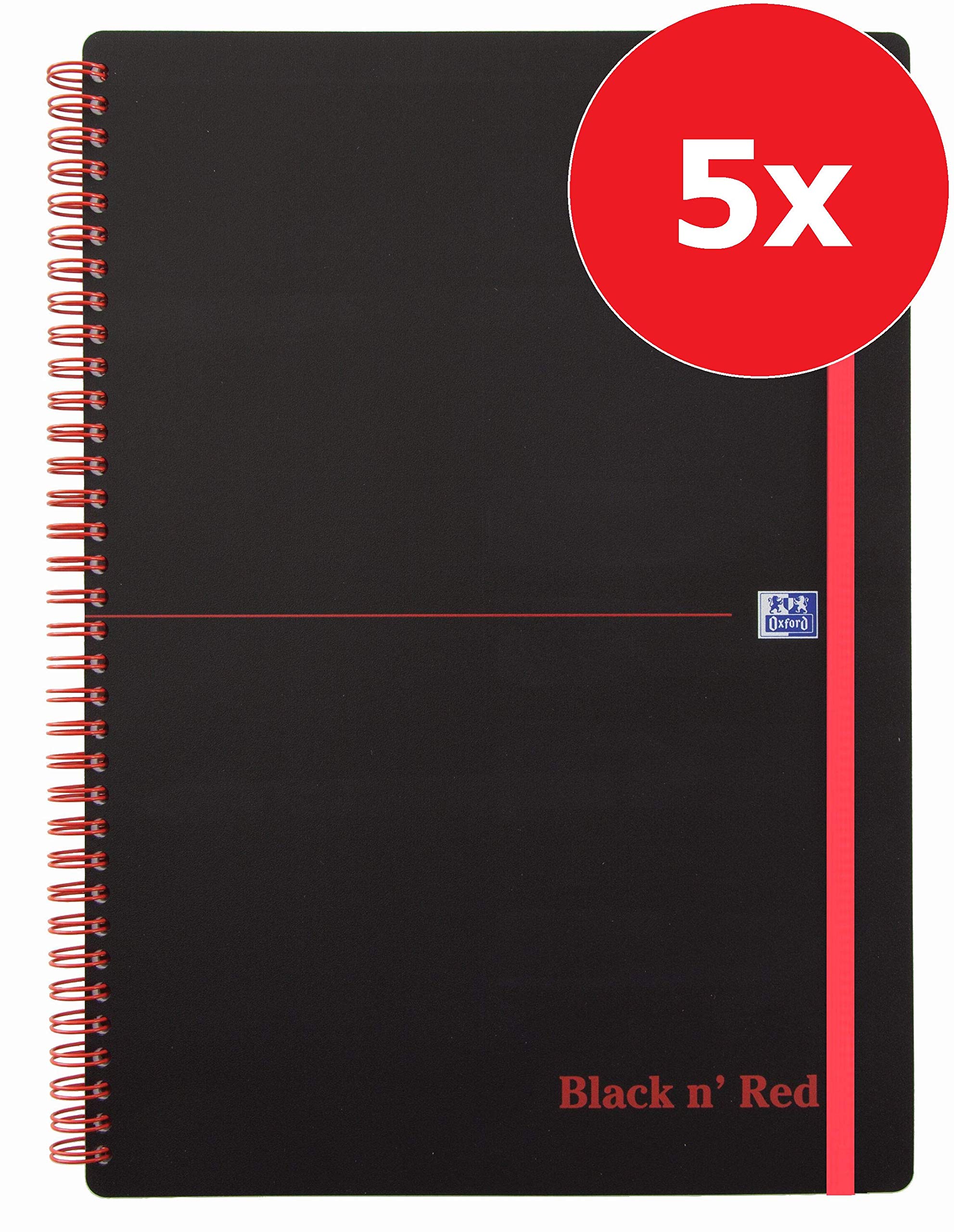 Oxford 400047654 Black n' Red - Cuaderno de espiral, 5 unidades, DIN A4, cuadriculado, tapa flexible, 70 hojas, color negro y rojo