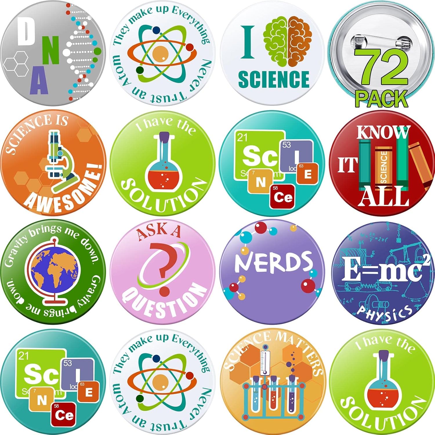 72 piezas, 72 piezas, botones de alfiler para fiestas de ciencia, botones de pinback con temática científica, pines de laboratorio de química para