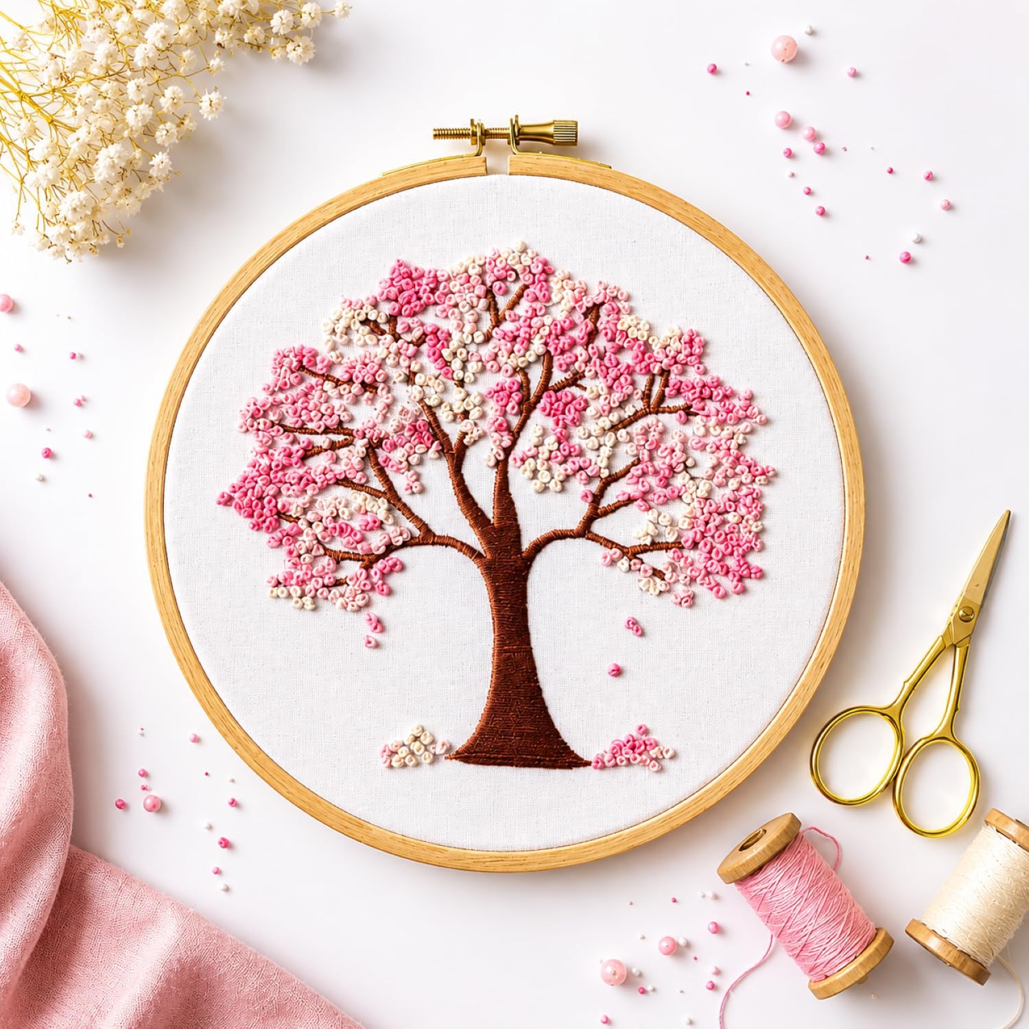 Knot Your Type Cherry Blossom DIY Hand Embroidery Kit with All Stitching Materials | Beginner-Friendly Embroidery Starter Kit for Adults | Complete Art & Craft Gift Set with Hoop, Threads, Needles & Video Tutorials-image-18