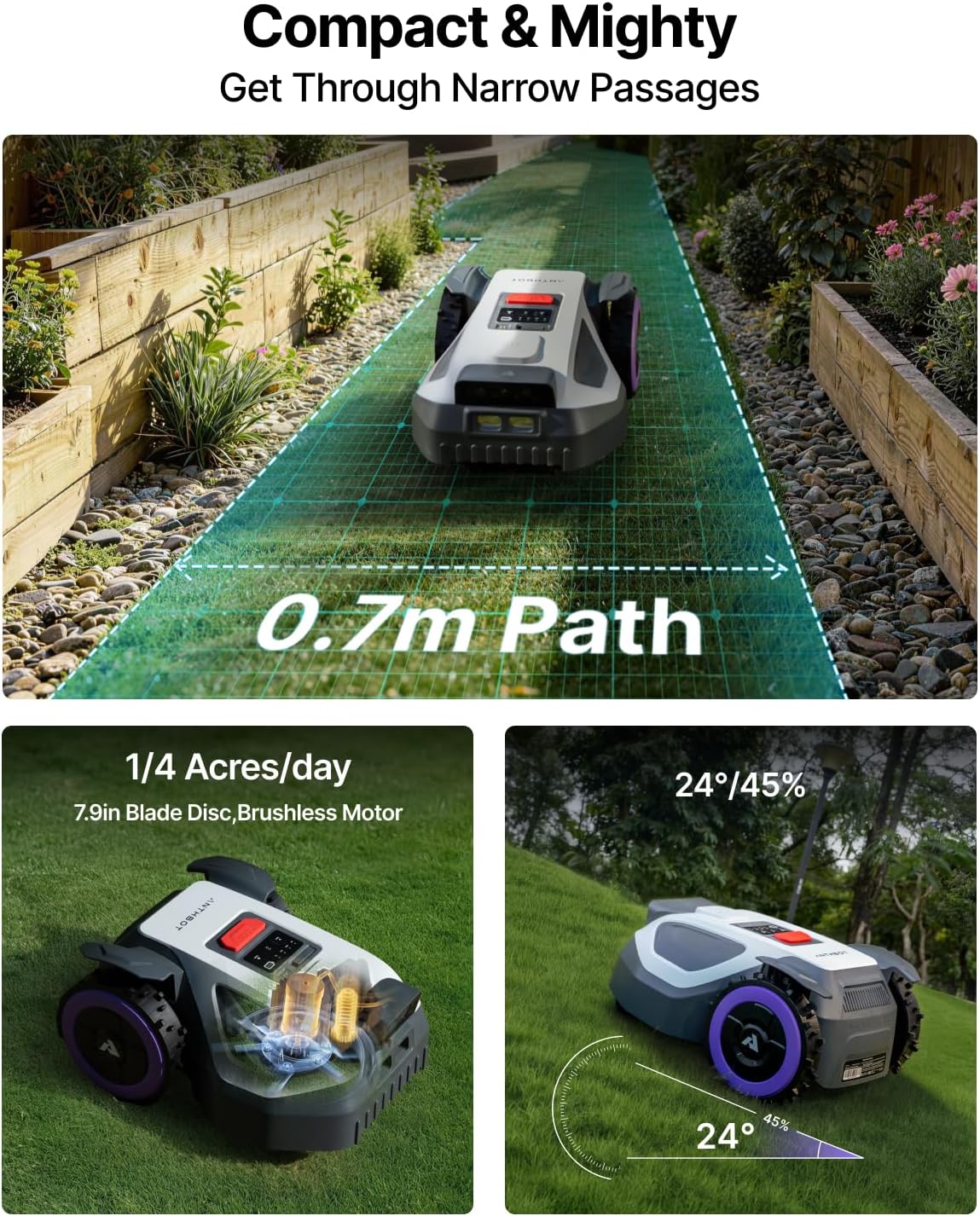 ANTHBOT M9 Robot Lawn Mower 1/4 Acre, Dual Vision+Full-Band RTK Robotic Lawnmower, No Perimeter Wire, App Control Obstacle Avoidance, 45% Slope, Cutting Height, Multi-Zone Mapping