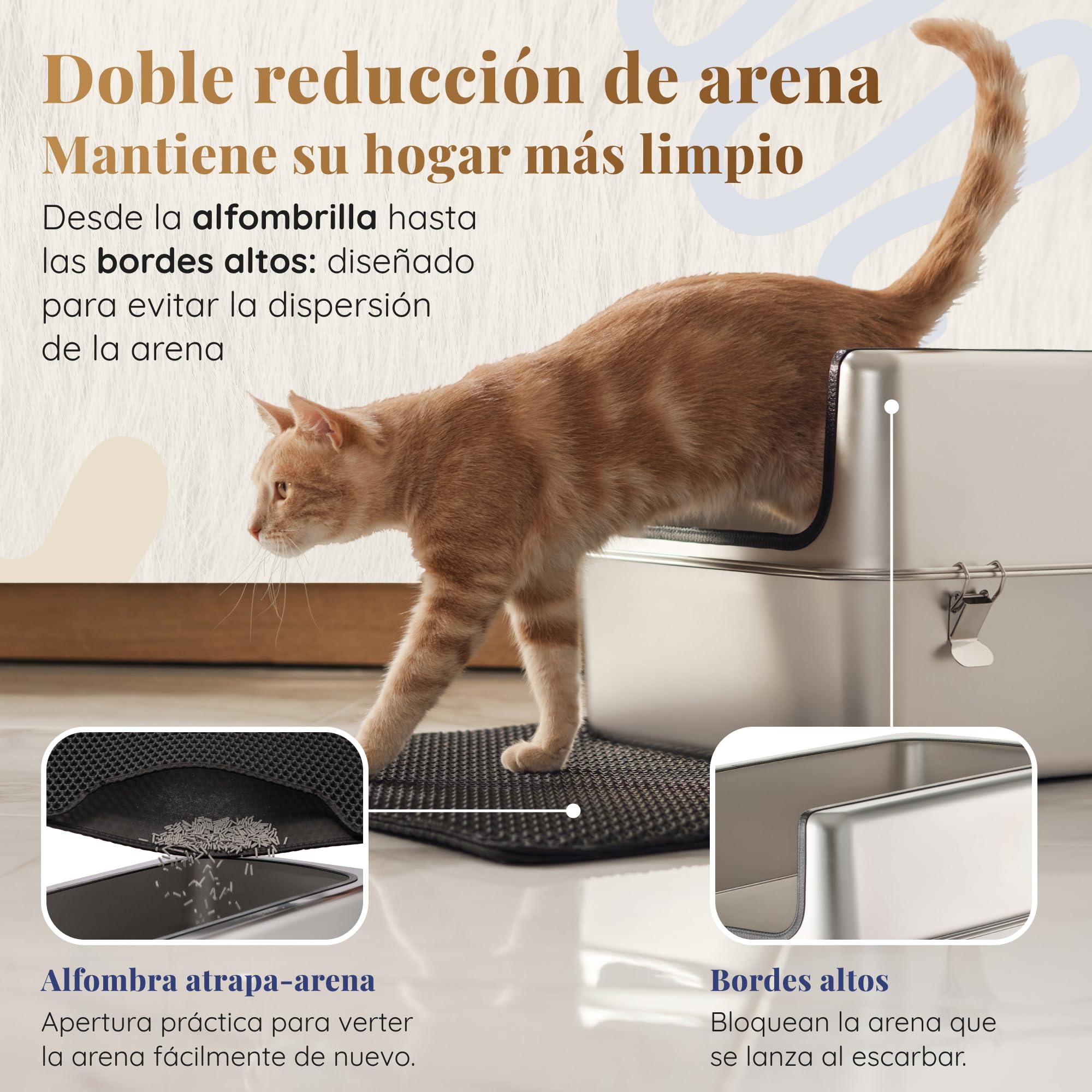Arenero Acero Inoxidable Gatos – Caja de Arena para Gatos XXL – Capacidad de 38 L – Superficie Antiadherente – Sin olores y Antiadherente – Incluye Pala para Arena y Alfombrilla – 60 × 40 × 32 cm