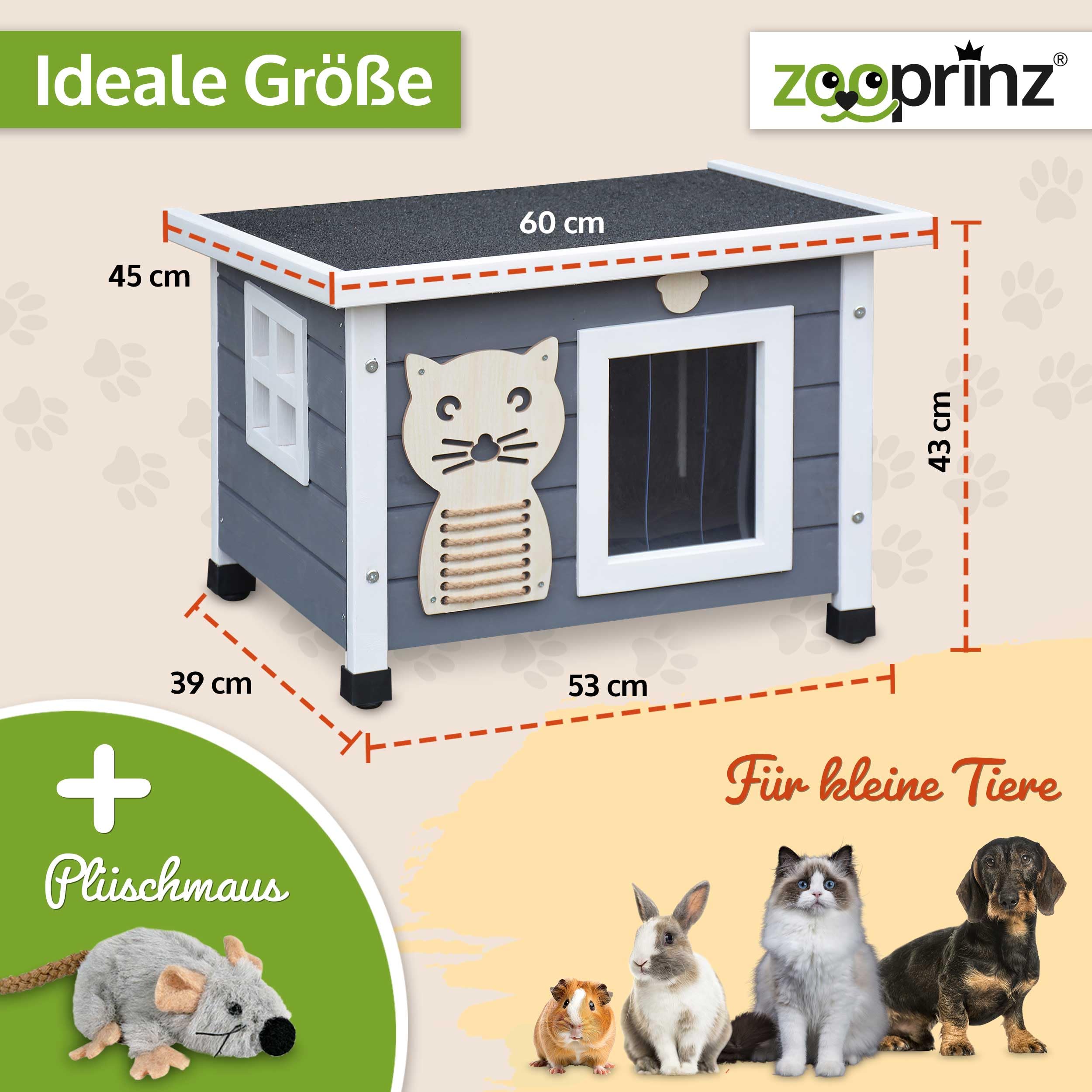 zooprinz Holz Katzenhaus – Katzenkiste mit Schwingtür, Grau-Weiß | Katzenbox mit Dach zum Öffnen, Fenster, Sisalband und Schwingtür – wetterfeste Hütte für Garten, Balkon, innen & draußen