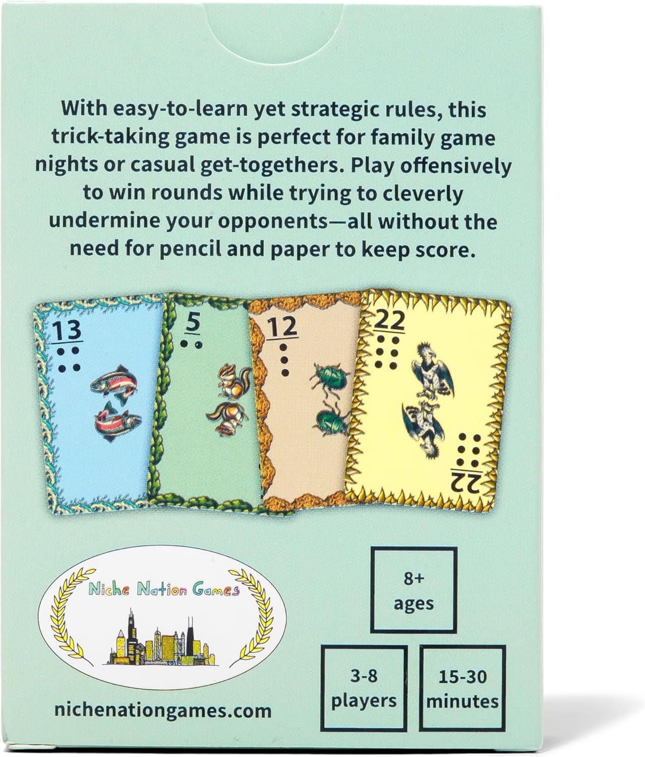 Wild Four – Family-Friendly Trick-Taking Card Game with Bugs, Birds, Fish, And Mammals - Easy Rules, No Pen And Paper Required - Gifts For Animal Lovers - Ages 8+, 3-8 Players, 20 Mins