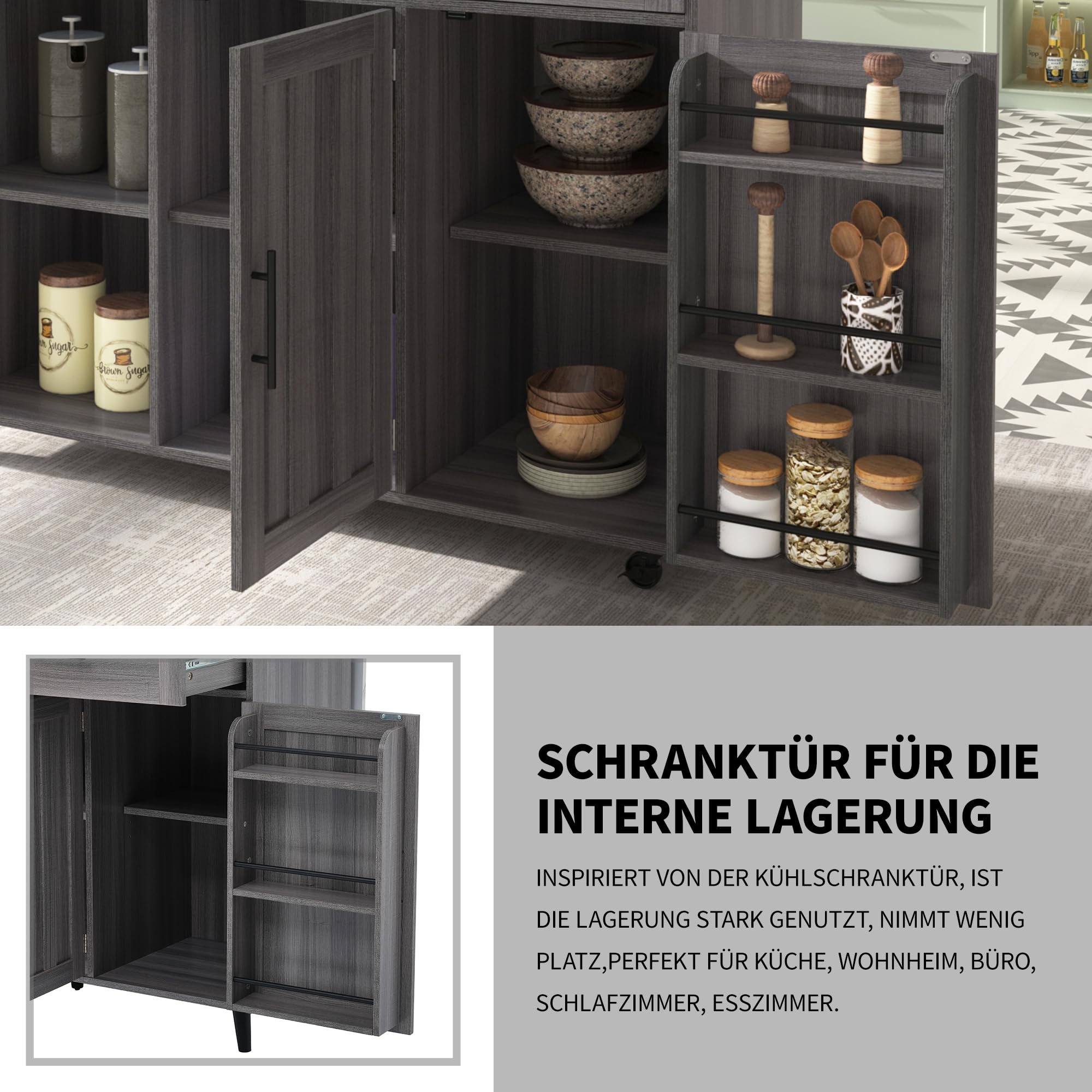Isola da cucina autoportante con piano di lavoro pieghevole, mobile da cucina su 5 ruote, con ripiano e 2 cassetti, per cucina e sala da pranzo, 129 x 46 (71) x 91,5 cm (grigio - A)