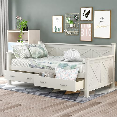 Twin Daybed with Drawers, Wood daybed Frame with Storage, Modern and Rustic Casual Twin Daybed (Cream with Drawers, Twin Size)
