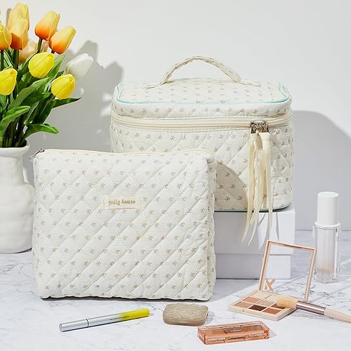 Miniatura 5 de Silkfly Juego de 4 bolsas de cosméticos acolchadas de algodón, portátil, bonita, floral, bolsa de cosméticos vintage de viaje, estética, bolsa