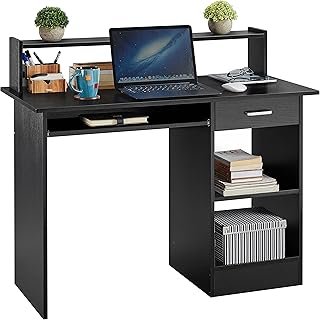Yaheetech Black Computer Desk with Drawers Storage Shelf Keyboard Tray - Home Office Laptop Desktop Table for Small Spaces