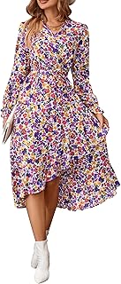 ZPLxi Women's Floral Print Boho Dress 2025 Casual V Neck Puff Long Sleeve Fall Flowy Midi Dress Ruffle Belted A-Line Swing...