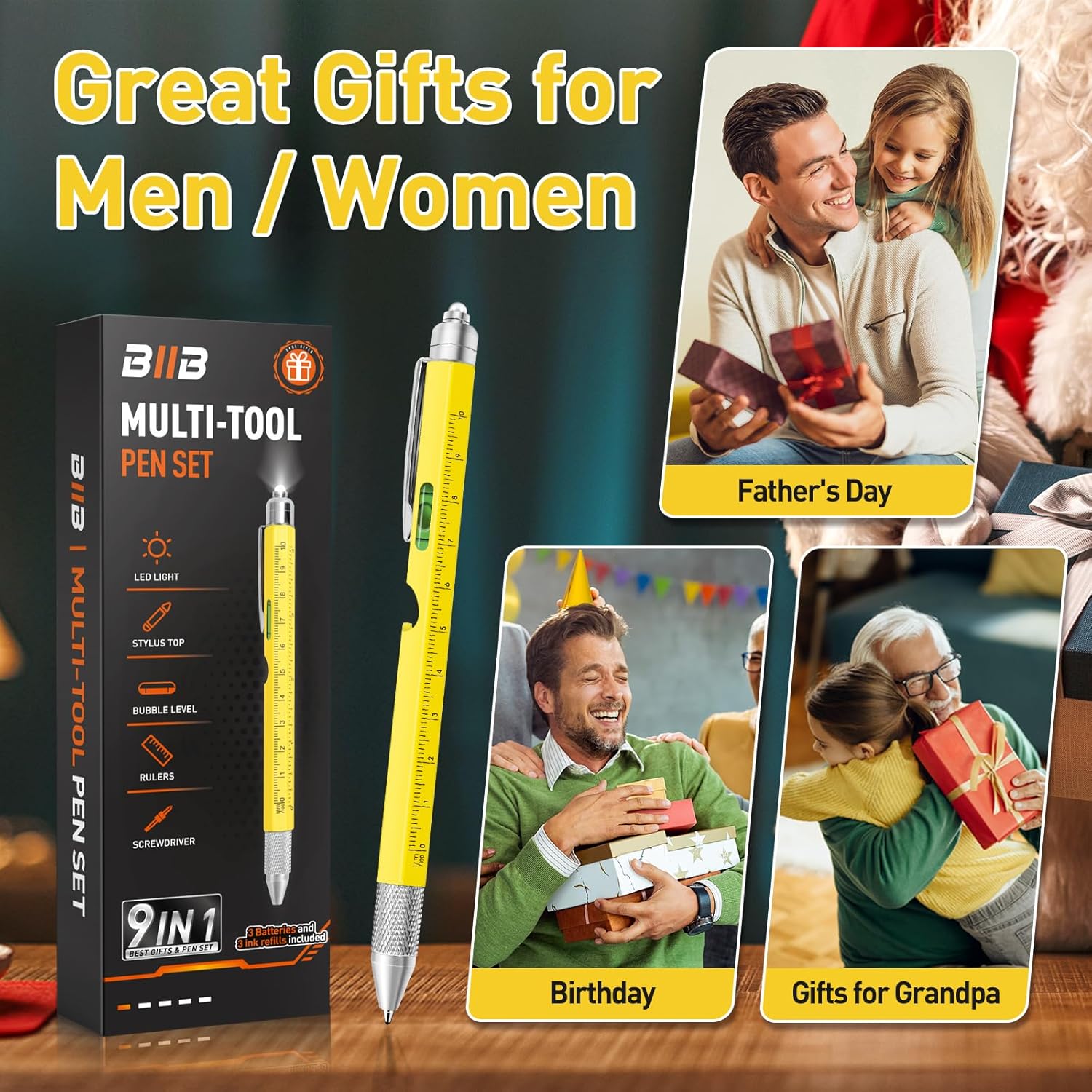 BIIB Gifts for Men 9 in 1 Multitool Pen, Birthday Gifts for Dad, Mens Gifts for Him Husband, Dad Gifts for Men Who Have Everything, Cool Gadgets for Men, DIY Handyman - Image 6