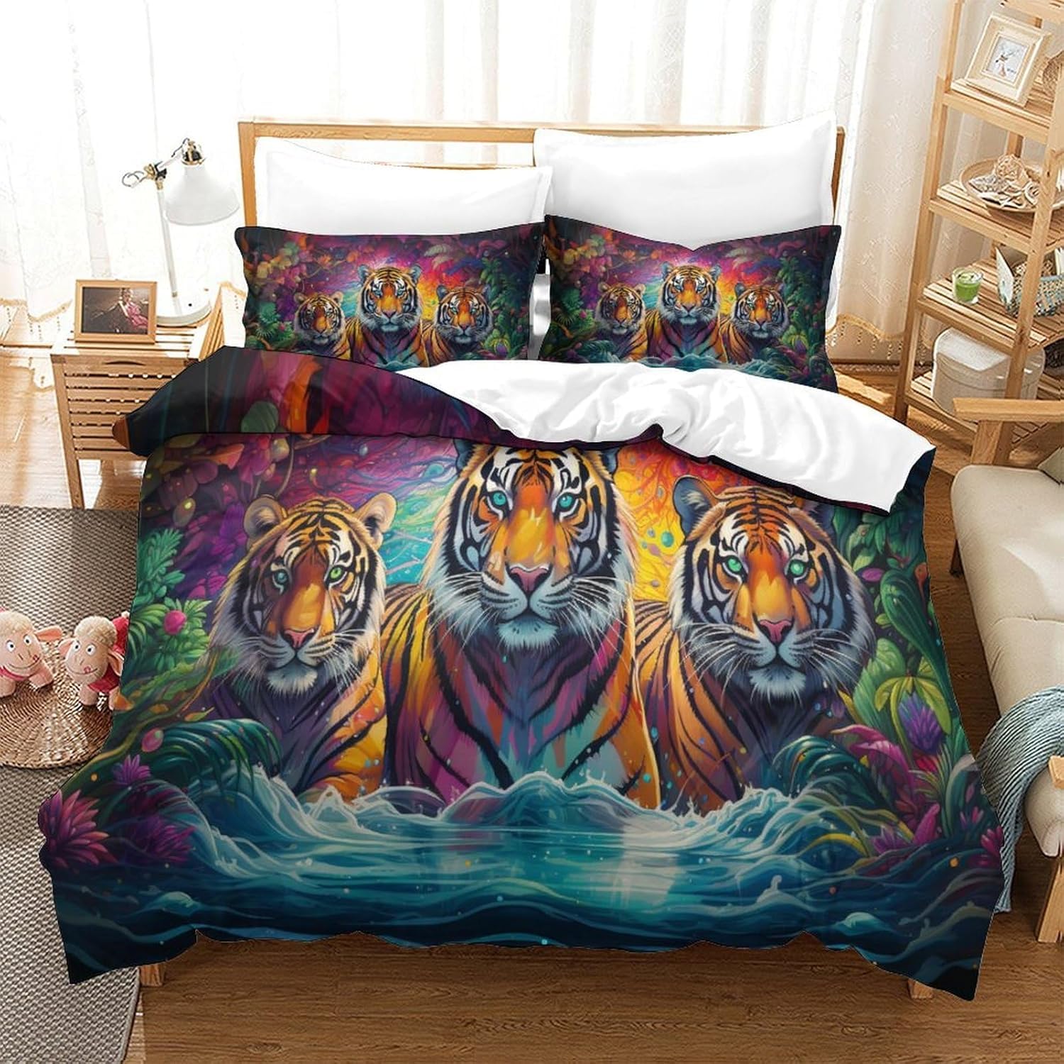 Housse de couette tigre 260x230 cm zippée en microfibre respirante et douce