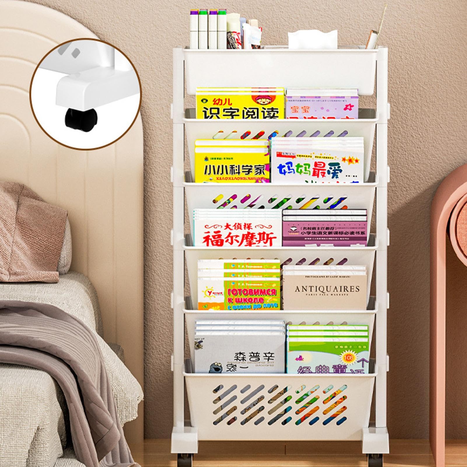 Estantería Móvil, Carrito De Estantería Móvil De 6 Niveles Con Ruedas, Revistero, Carritos De Libros Con Ruedas, Estantería Extraíble Multifuncional, Estante De Organización Rodante Compacto Y Práctic